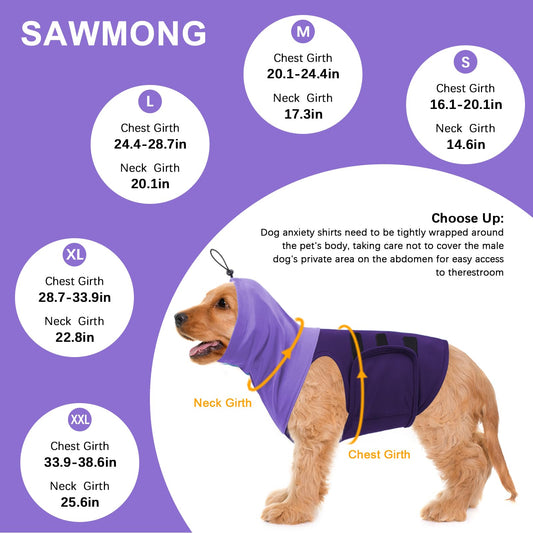 SAWMONG Dog Anxiety Vest, Breathable Calming Shirt Adjustable Chest & Hood for Dogs, Soft Pet Stress Relief Calming Coat Wraps Ears for Noise, Thunderstorms, Fireworks and Separation(Purple, X-Large)