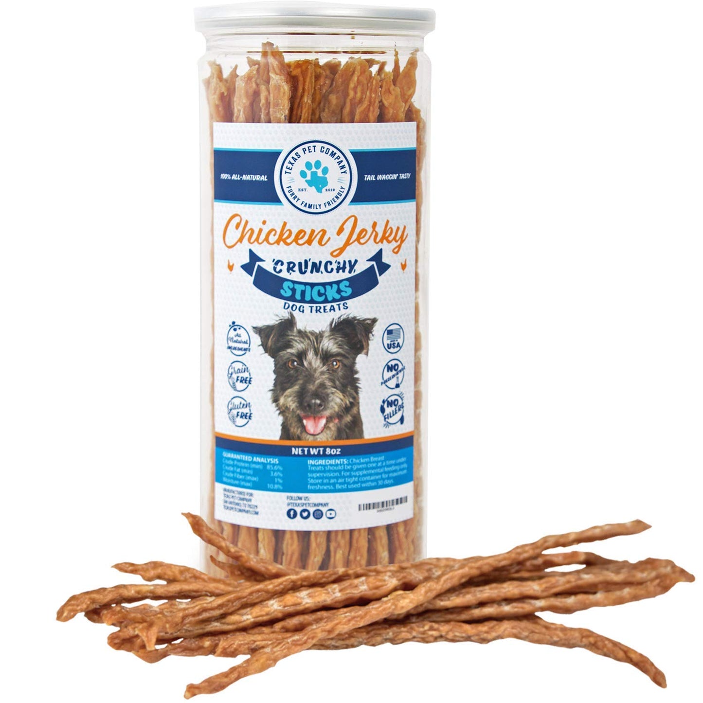 Texas Pet Company Chicken Jerky Sticks Crunchy Dog Treats Made in The USA Single Ingredient for Small to Large Dogs 75 Count 8oz