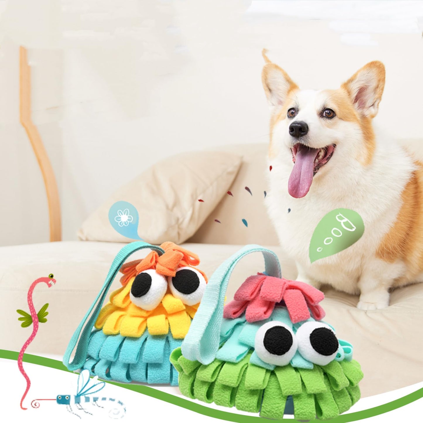 QDX Snuffle Mat for Dogs with Squeaky, Interactive Dog Puzzle for Boredom, Slow Eating, Training Foraging Skills and Stress Relief, Pet Treat Feeding Mat for Dogs Cats (Orange Yellow Blue, Regular)