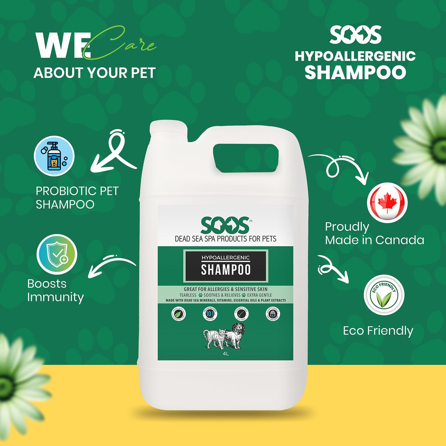 Soos Pet Hypoallergenic Shampoo for Dogs and Cats Made with Natural Dead Sea Minerals Fast Absorbing with Vitamins Essential Oils Natural Ingredients - 1x (4L Gallon)