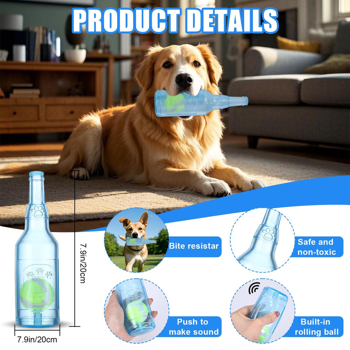 Water Bottle Dog Toy, Tennis Ball in a Bottle Dog Toy, Cute Squeaky Chew Toy for Dogs, Floating Crunchnplay Interactive Fetch Toy Bottle for Small Dogs Exercise and Accompany (Blue)