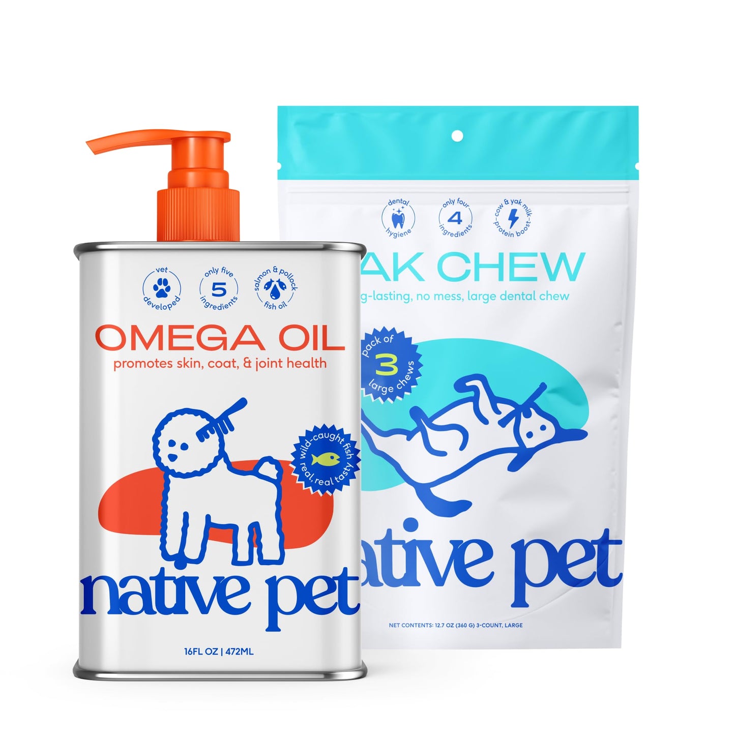 Native Pet Yak Chews & Omega Oil for Dogs - Dog Fish Oil Supplements - Pasture-Raised and Organic Yak Cheese Himalayan Churpi Chews - Omega 3 Supplement 16 Oz. & 3 Large Yak Chews