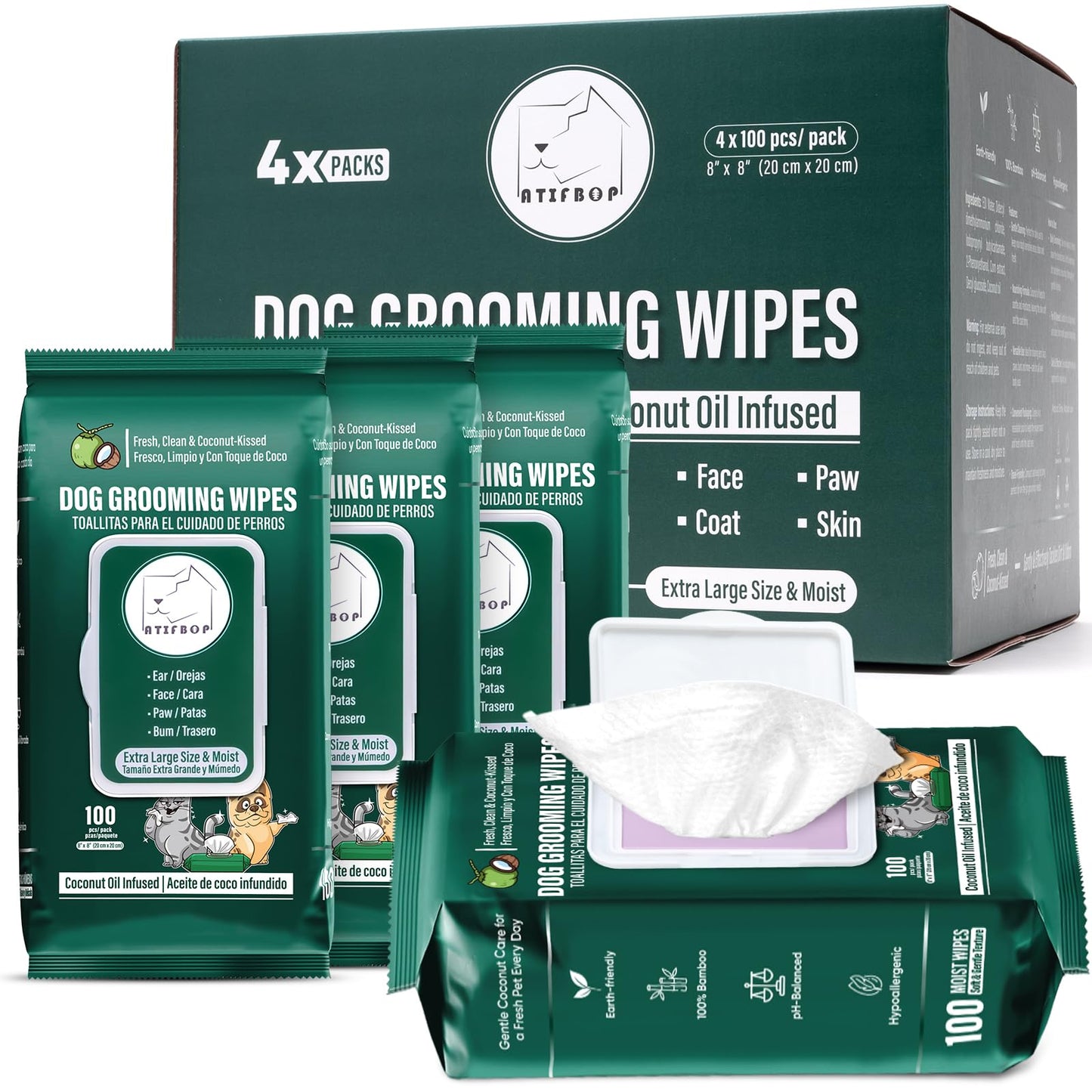 ATIFBOP Dog Wipes for Paws and Bum, Hypoallergenic Pet Grooming Wipes Natural and Gental, 400 Wipes for Cleaning & Grooming Moisturizing Coconut