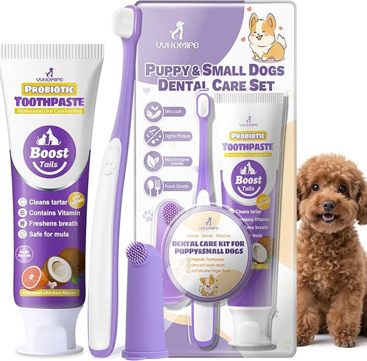 Vet Recommended Small Dog Teeth Brushing Kit - Soft Brush and Finger Brush removes 99% of Plaque, Natural Coconut Chicken-Flavored Toothpaste 2.5 oz. for Fresh Breath
