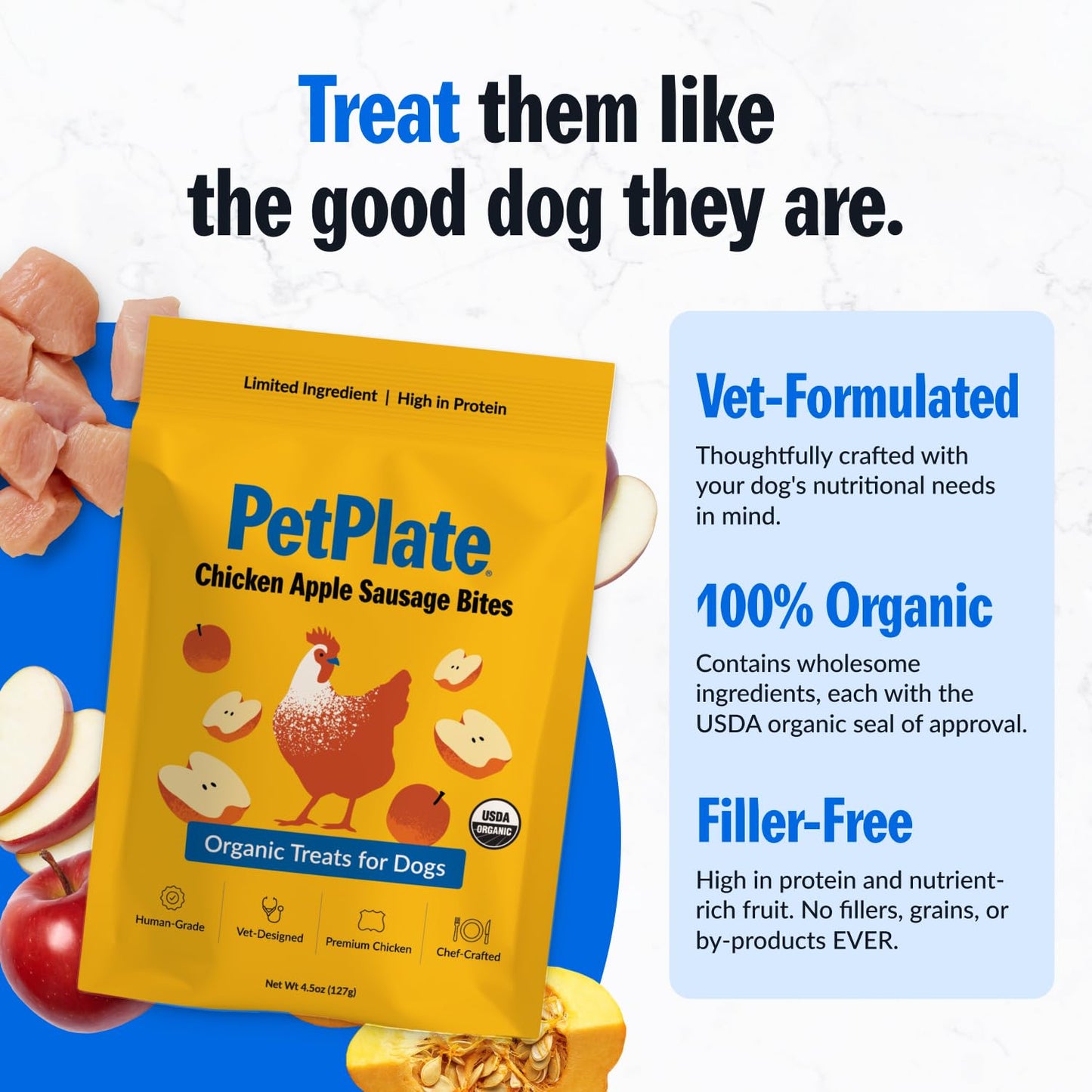 PetPlate Chicken Apple Sausage Bites, Human Grade Dog Treats, All Life Stages, Grain-Free, Organic and Real Ingredients, High Protein, Healthy Snacks (Pack of 1, 4.5 Ounce)