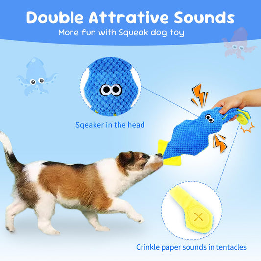 wodoca Squeaky Dog Toy, Dog Puzzle Training Enrichment Crinkle Snuffle Treat Dispensing Stuffed Plush Chew Toys to Keep Them Busy, Interactive Tug of War Doggie Toy for Small Medium Breed - Squid
