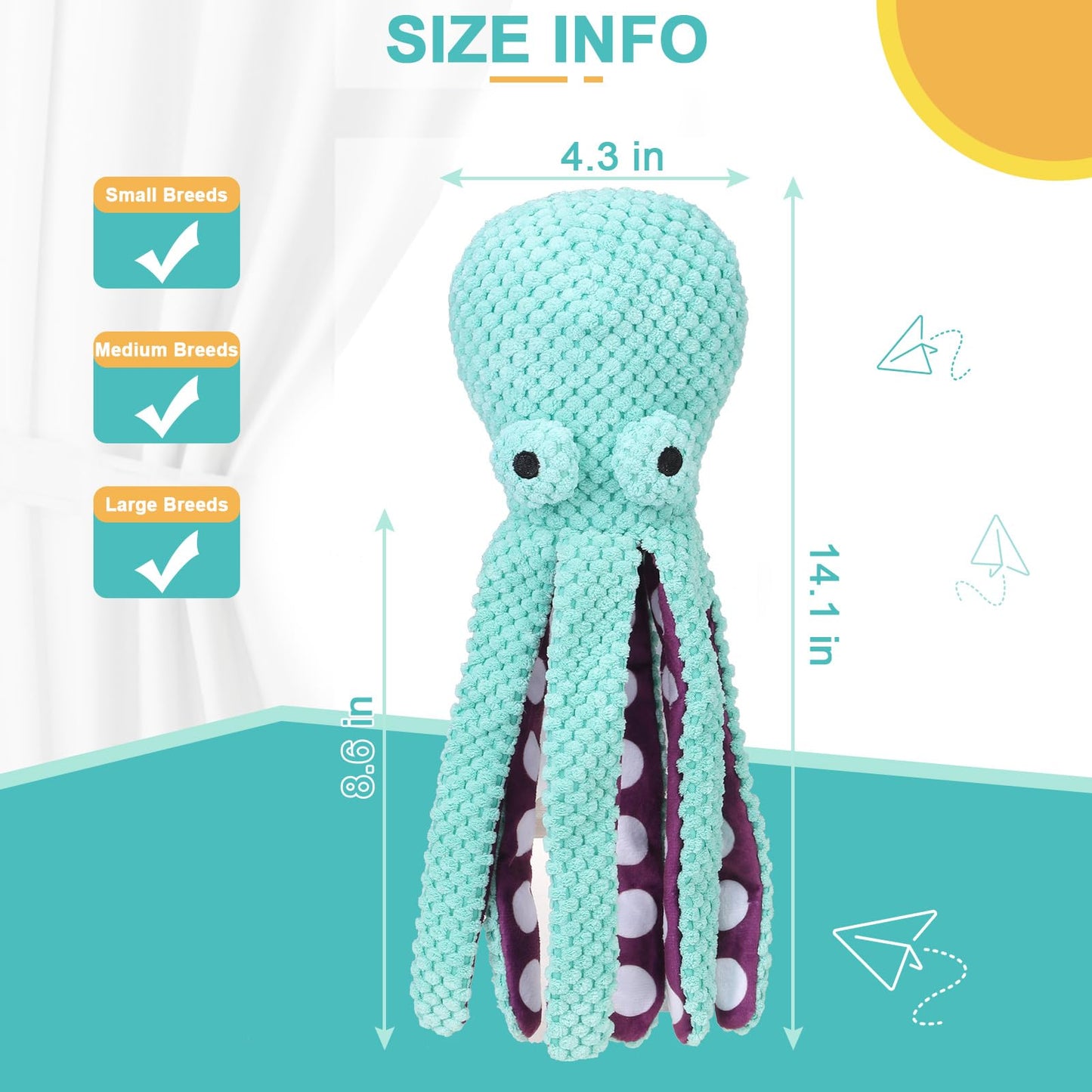 EXPAWLORER Octopus Dog Toy - Durable Interactive Dog Squeaky Toys Best Puppy Birthday Gift, Soft Stuffed Plush Toy with Crinkle Paper, Teeth Chew Toy for Small Small Medium Large Breed, Green