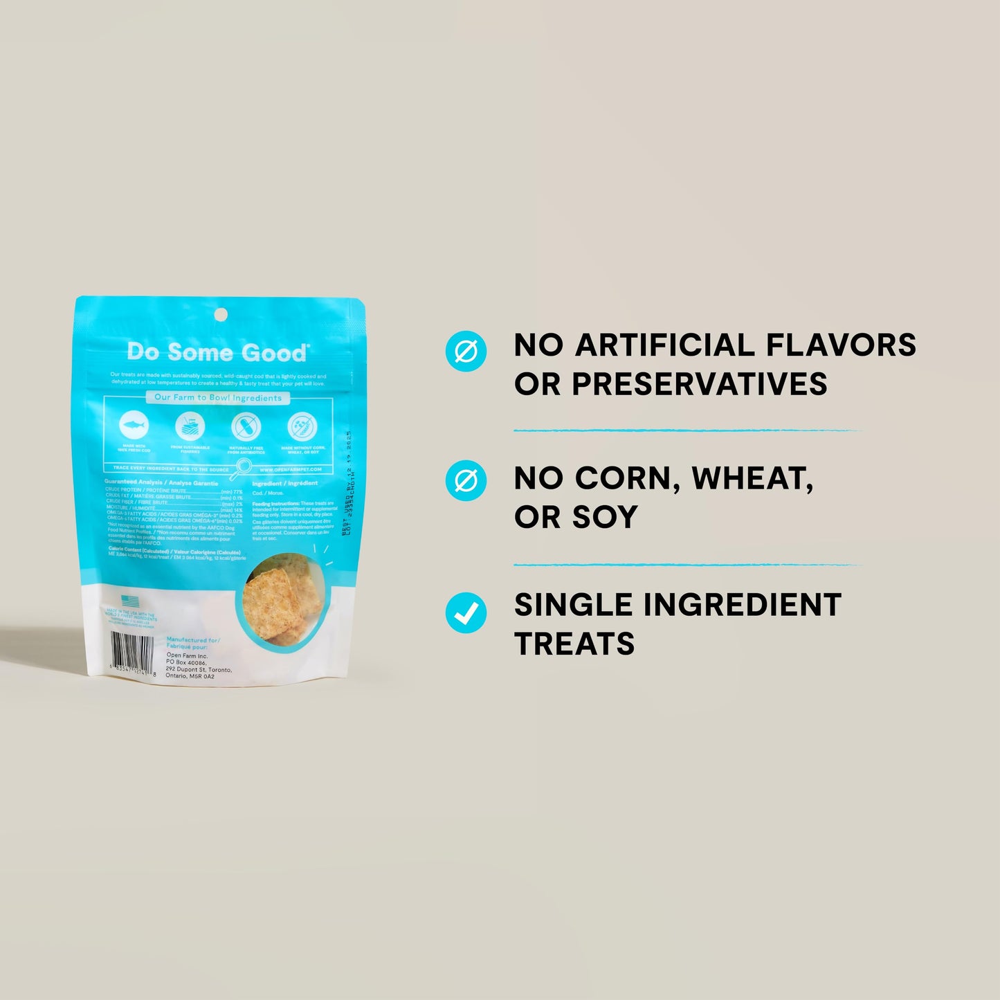 Open Farm, Dehydrated Dog Treats, High Protein & Low Carbohydrate Dog Snacks, Crunchy Texture, Single Ingredient Wild-Caught Cod Fish Recipe, 2oz Pouch