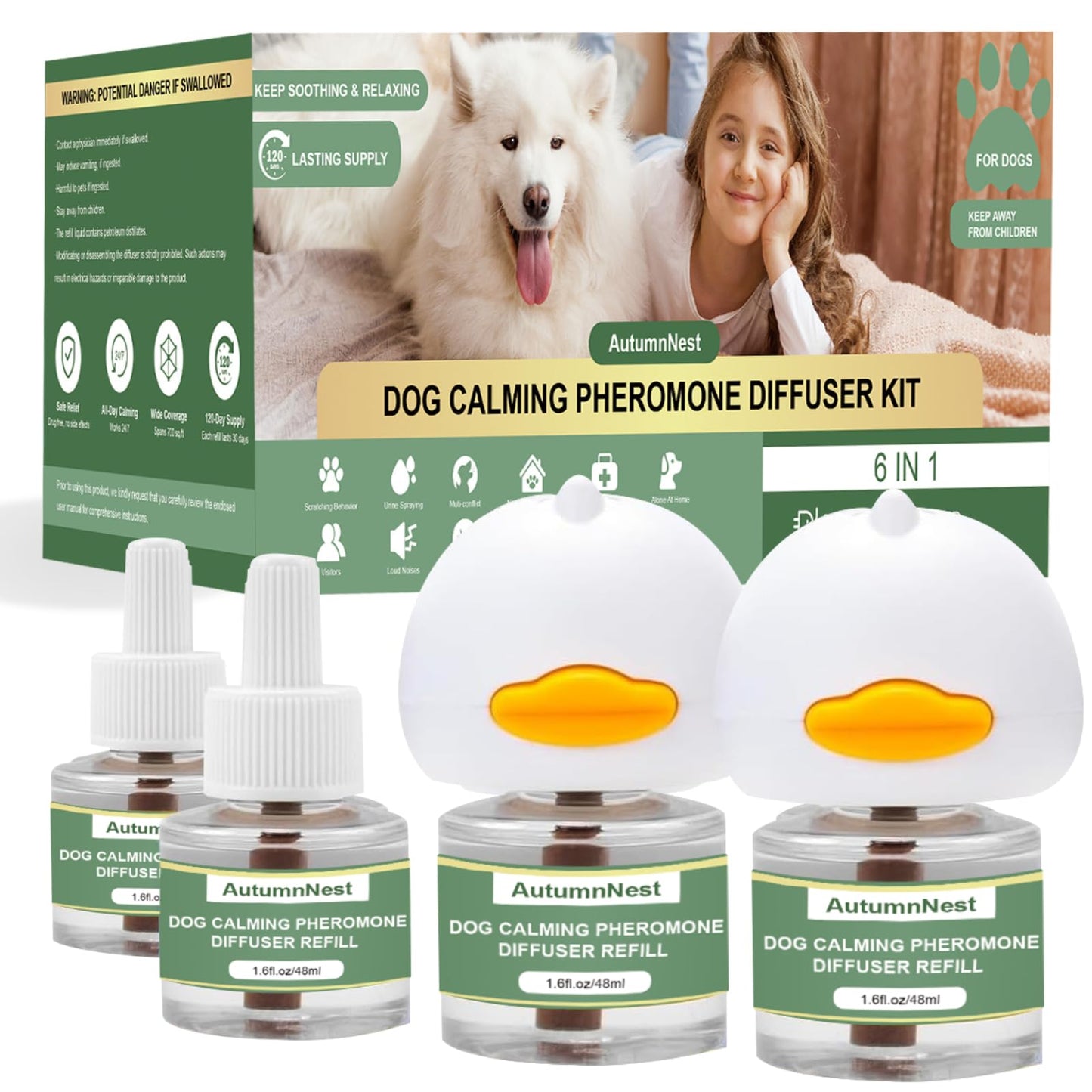 Dog Pheromone Calming Diffuser Kit, Pet Diffuser Kit (2 Plug-in + 4 Packs 48ml Refill) for Stress Support, Helps Reduce Barking & Aggression, 120 Day Supply (Non-Toxic, Safe & Inedible)