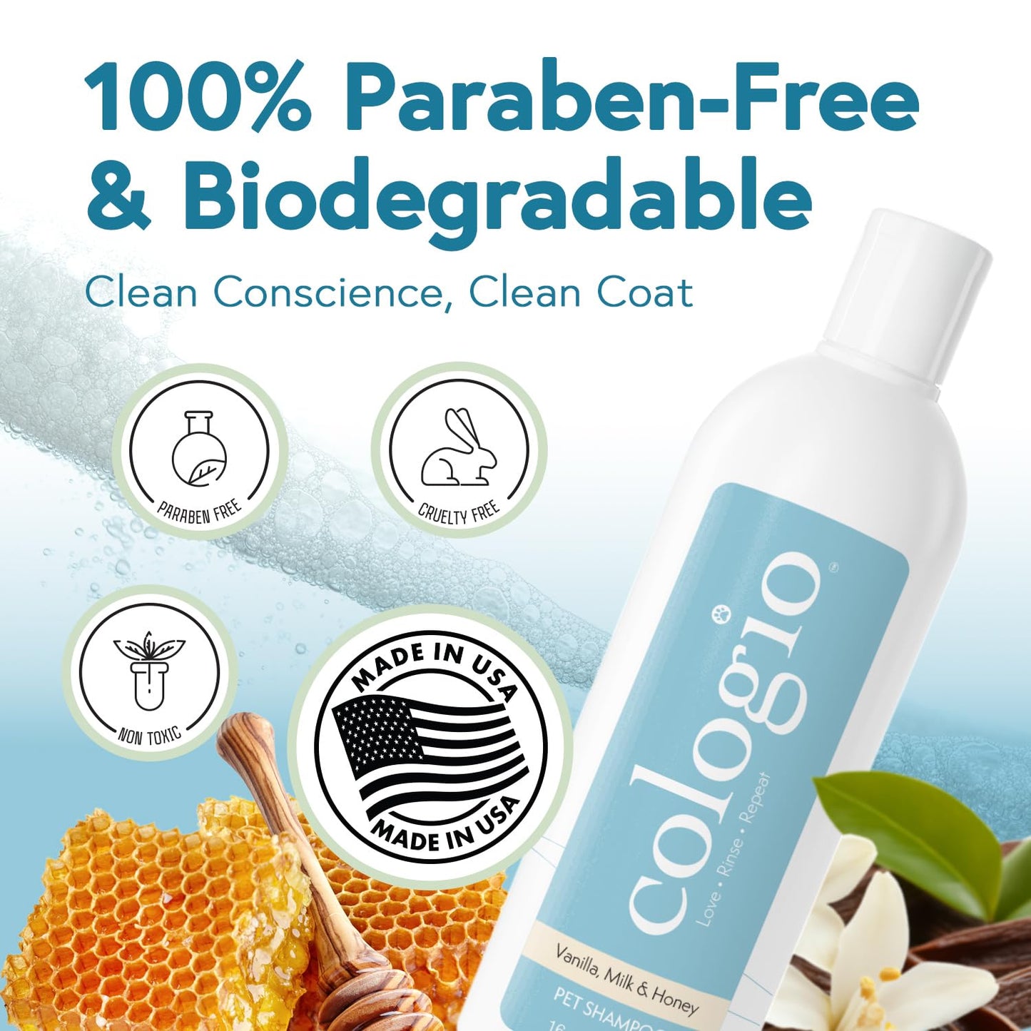 Cologio Moisturizing Dog Shampoo, Deodorizing Manuka Honey Vanilla Scented Pet Shampoo for Dogs, Made in USA Itchy Dry Skin Itch Relief Puppy Bath Soap for Sensitive Skin – Gentle, Cruelty-Free 16oz