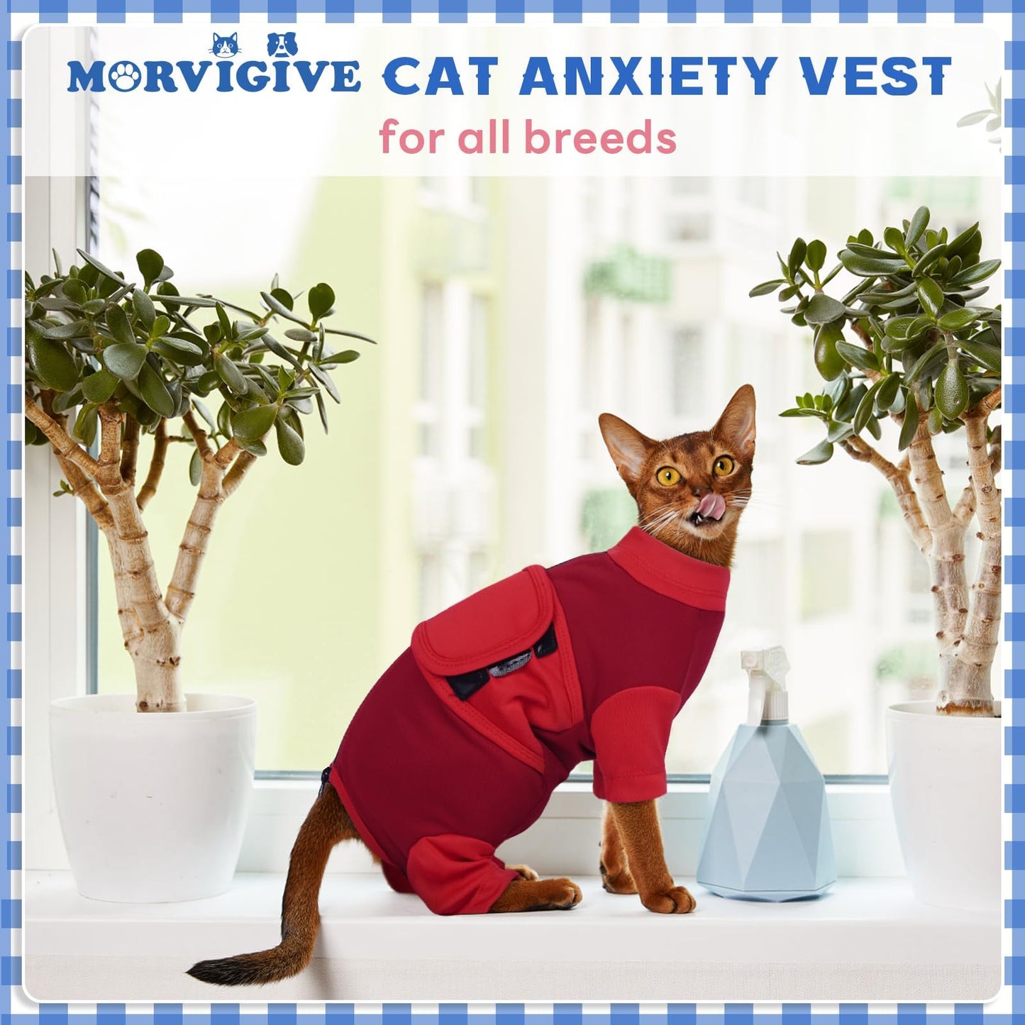 Cat Anxiety Relief Suit, Four-Legged Clothes Adjustable Calming Vest for Thunderstorms, Fireworks, Loud Noises, Separation, Roadtrip, Comfortable Wrap to Keep Cats Calm, Red Medium