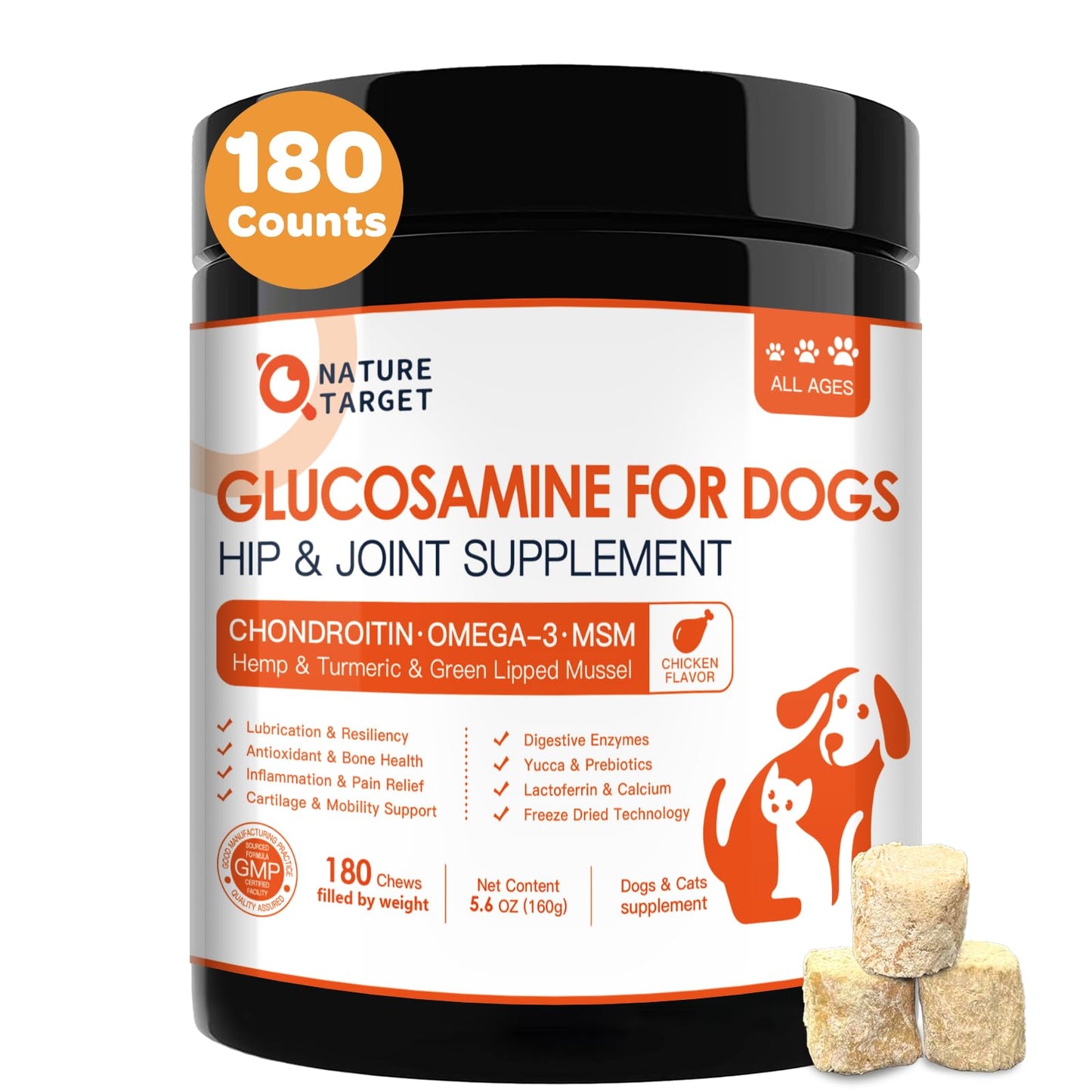 NATURE TARGET Glucosamine for Dogs - Hip and Joint Supplement for Dogs, 180 Crunchy Chews, Glucosamine Chondroitin, Omega-3, MSM, Turmeric for Pain Relief, Dog Joint Supplement Large & Small Breed