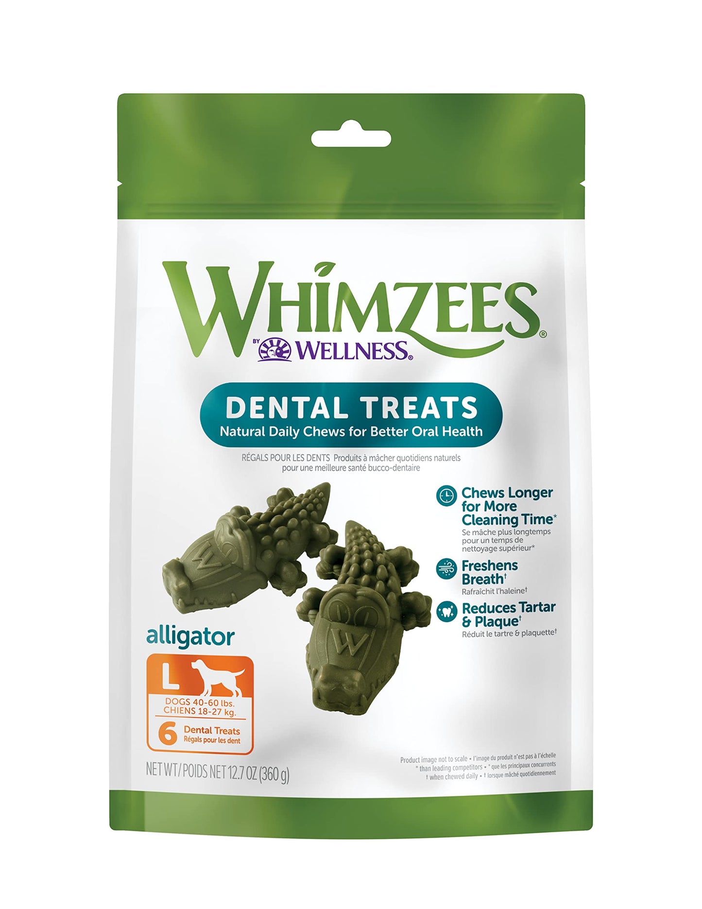 Whimzees Wellness Alligator Dog Dental Treats, Natural Chews, Large Size, (6 Count)