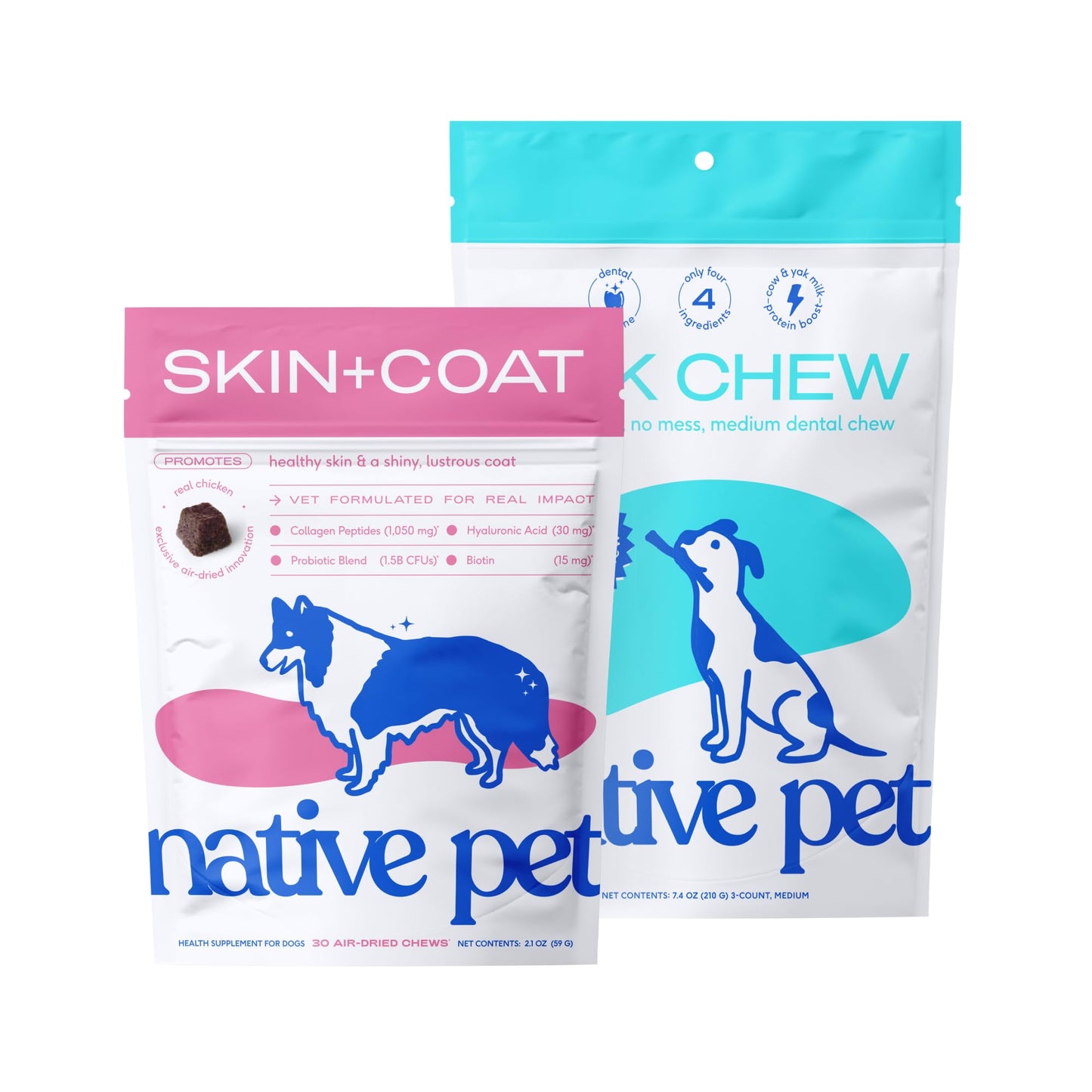 Native Pet Omega Skin and Coat Chews for Dogs (30 Air-Dried Chews) & Yak Chew (3 Medium Chews) - All Natural Dental Sticks Made with Yak Cheese & Pure Omega 3 Fish Oil 3, 6, 9