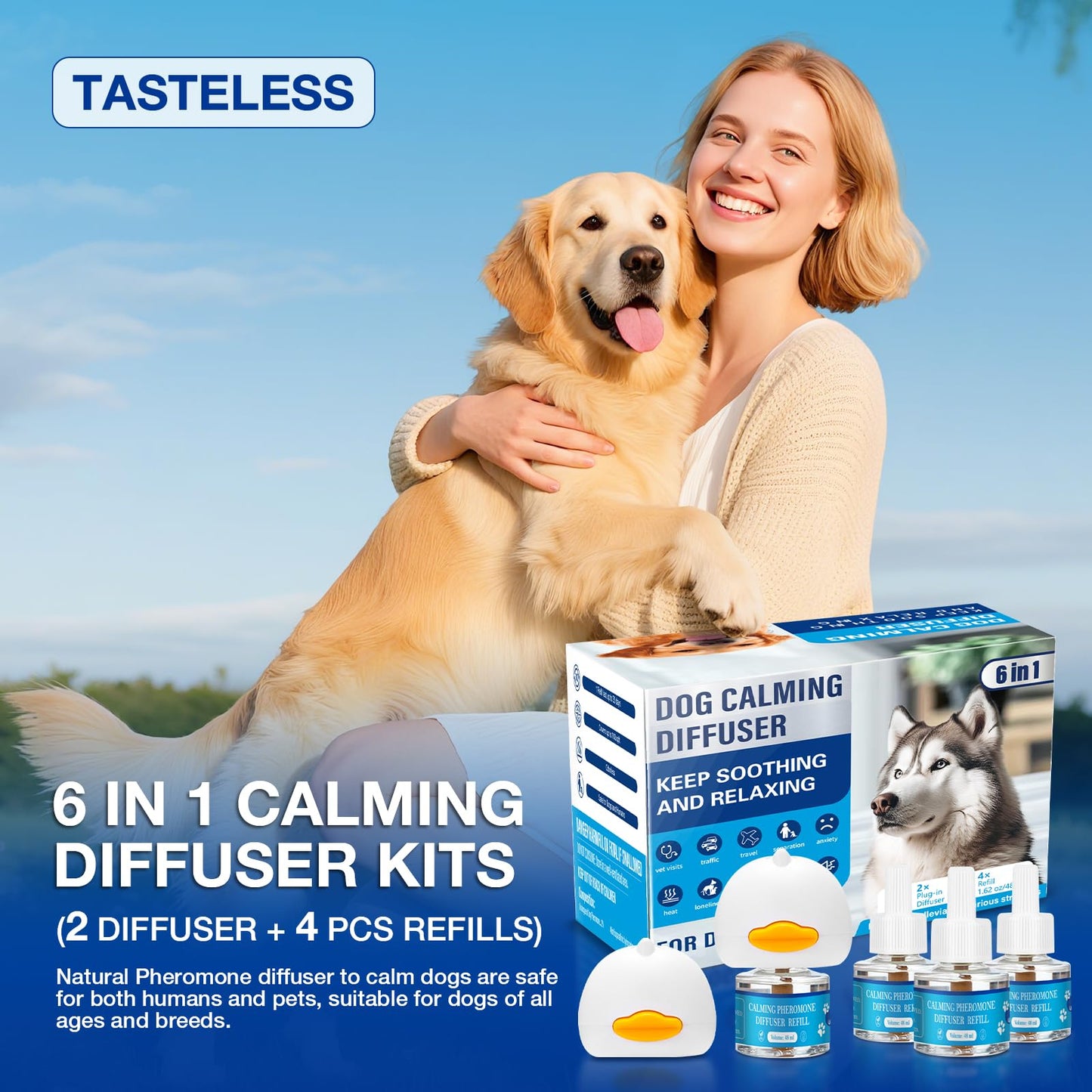 Dog Calming Pheromones Diffuser 6 in 1 Kit Appeasing Pheromone Diffuser to Calm (2 Plug in+4 Pack 48ml Refill) for Anxiety Relief Reduce Aggression Fighting Barking Stress 120 Day Supply(Tasteless)