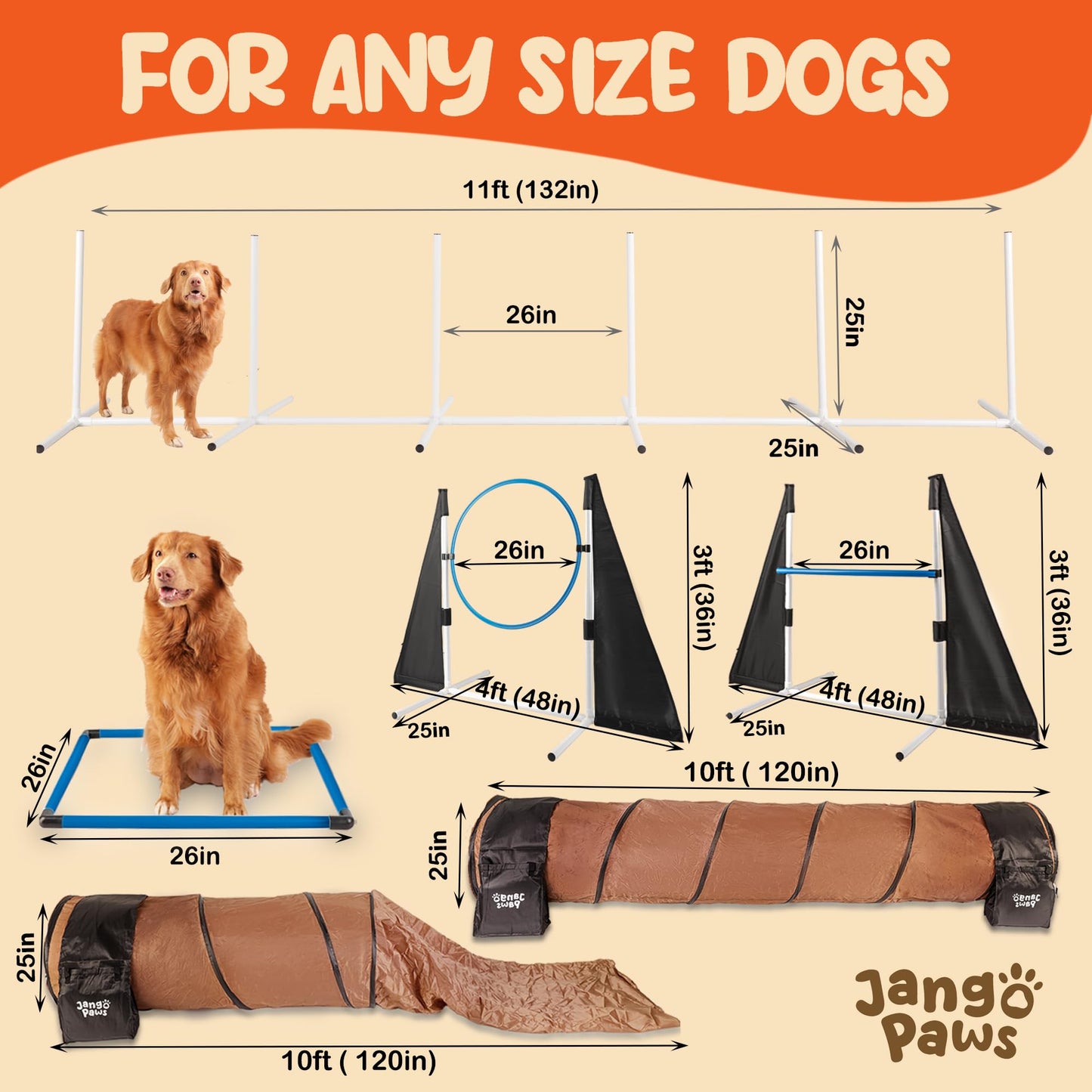 Jango Paws Premium Agility Training Equipment for Dogs - 14pc Complete Dog Training Set with Agility Jumps, Durable Tunnels, Weave Pole - Indoor and Outdoor Dog Exercise and Obstacle Course