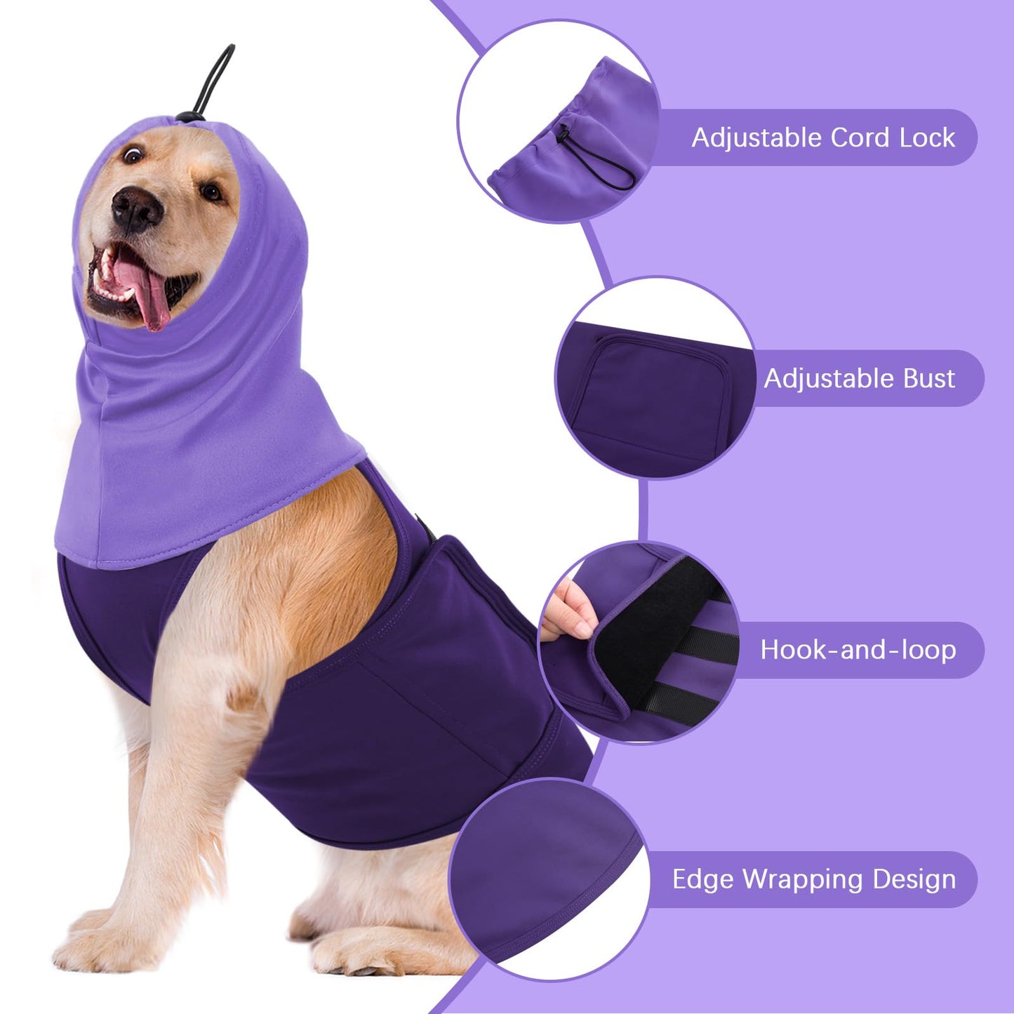 SAWMONG Dog Anxiety Vest, Breathable Calming Shirt Adjustable Chest & Hood for Dogs, Soft Pet Stress Relief Calming Coat Wraps Ears for Noise, Thunderstorms, Fireworks and Separation(Purple, X-Large)