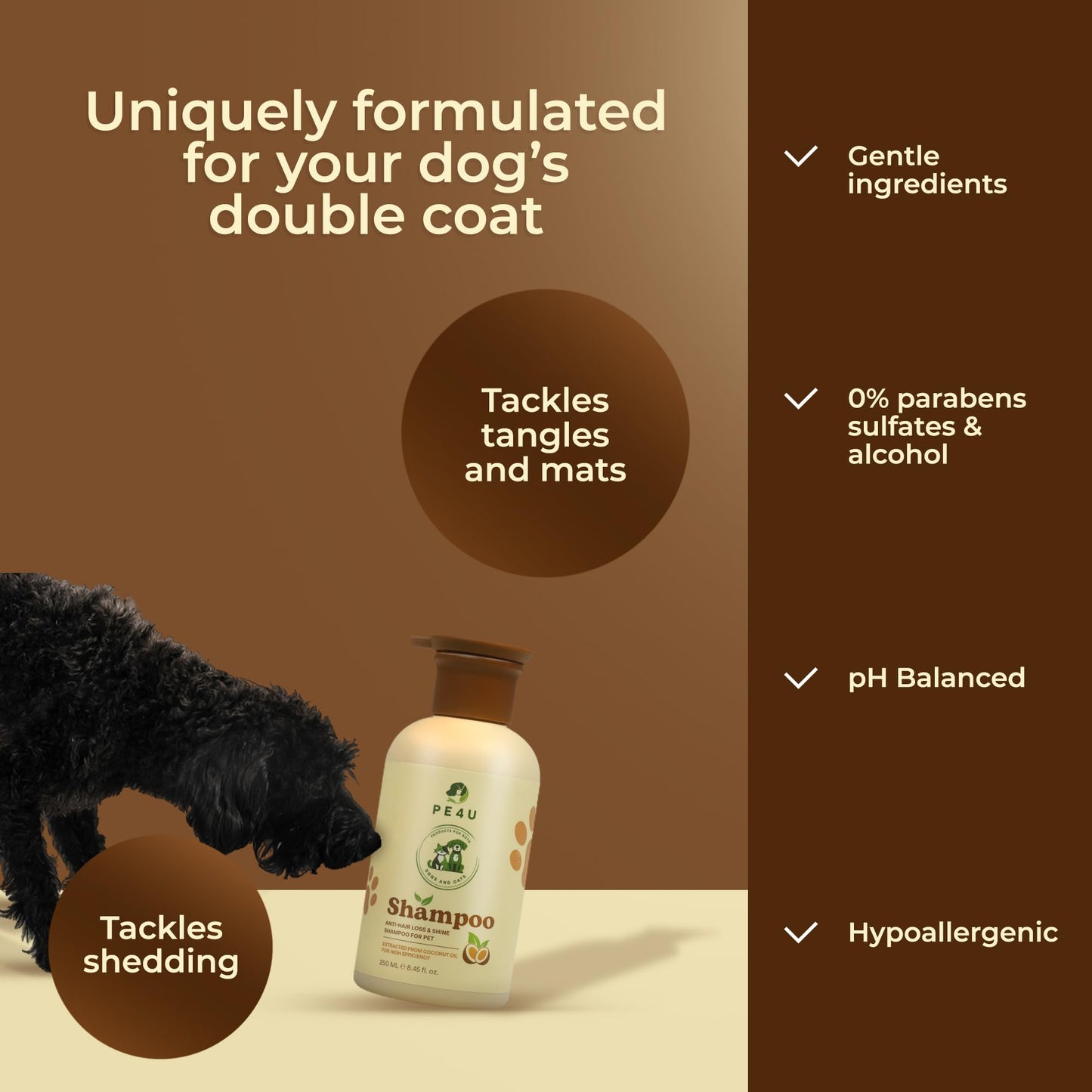PE4U Natural Pet Shampoo for Dogs & Cats – Smooth Coat, Reduce Shedding & Odor Control – Coconut & Olive Oil Formula - Safe for Sensitive Skin, Hypoallergenic, Relieve Dry Skin - [Shampoo + Ear Drop]