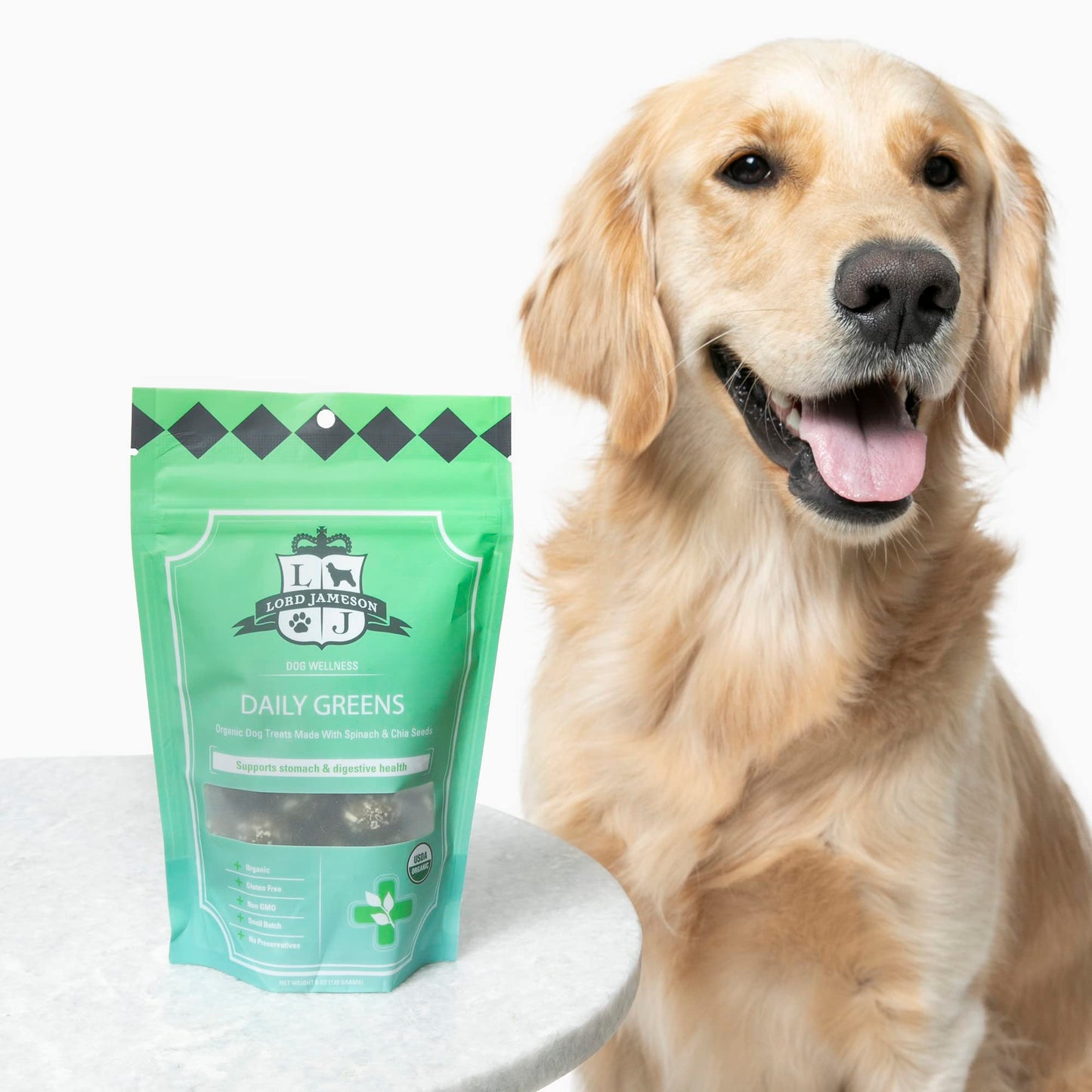 Lord Jameson Daily Greens Soft & Chewy Organic Dog Treats - Digestion Supporting Spinach, Dandelion, & Ginger - No-Bake, Gluten-Free, Preservative-Free, USDA Certified Organic - Made In USA 6 oz