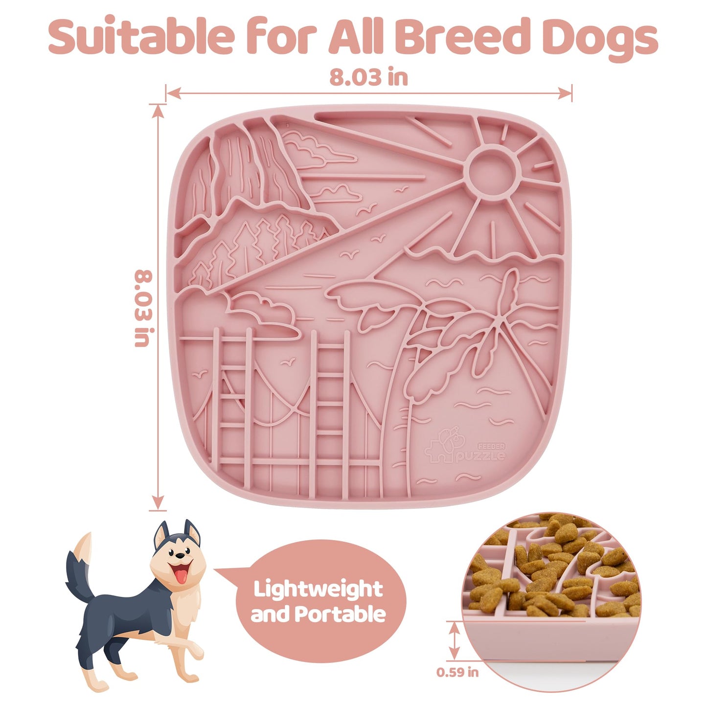 Puzzle Feeder Snuffle Mat and Lick Mat for Dogs, California Textured Slow Feeder, 0.75 Inch Thin Silicone Mat Holds 3 Cups, Dishwasher and Microwave Safe, Pink