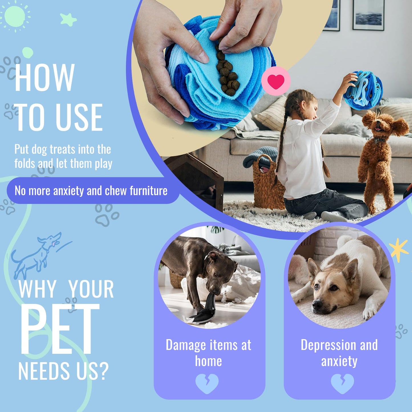 Larimuer Pet Snuffle Ball, Puzzle Sniffing Interactive Dog Ball for Blind Dogs Training Stress Relief Dog Enrichment Toys Treat Machine Washable (15cm, Ocean Blue)