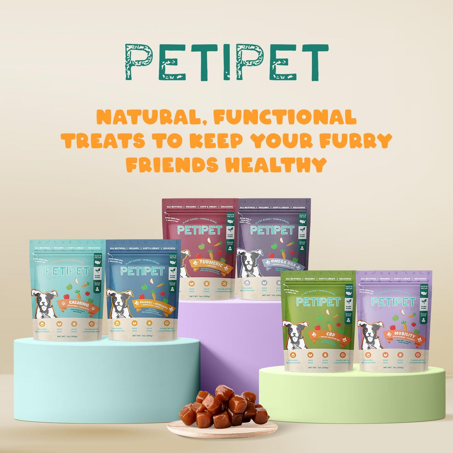 Petipet Calming Chews for Dogs - Plant-Based Calming Supplement w/Melatonin+Chamomile - Calming Aid Soft & Chewy Treats for Relaxing, Stress, Separation, Anxiety Relief, Puppies, Small & Large Breeds