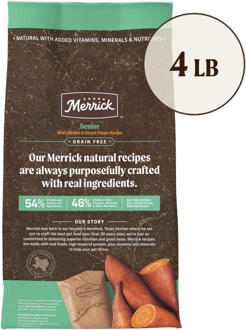 Merrick Premium Grain Free Dry Senior Dog Food, Wholesome And Natural Kibble, Real Chicken And Sweet Potato - 4.0 lb. Bag