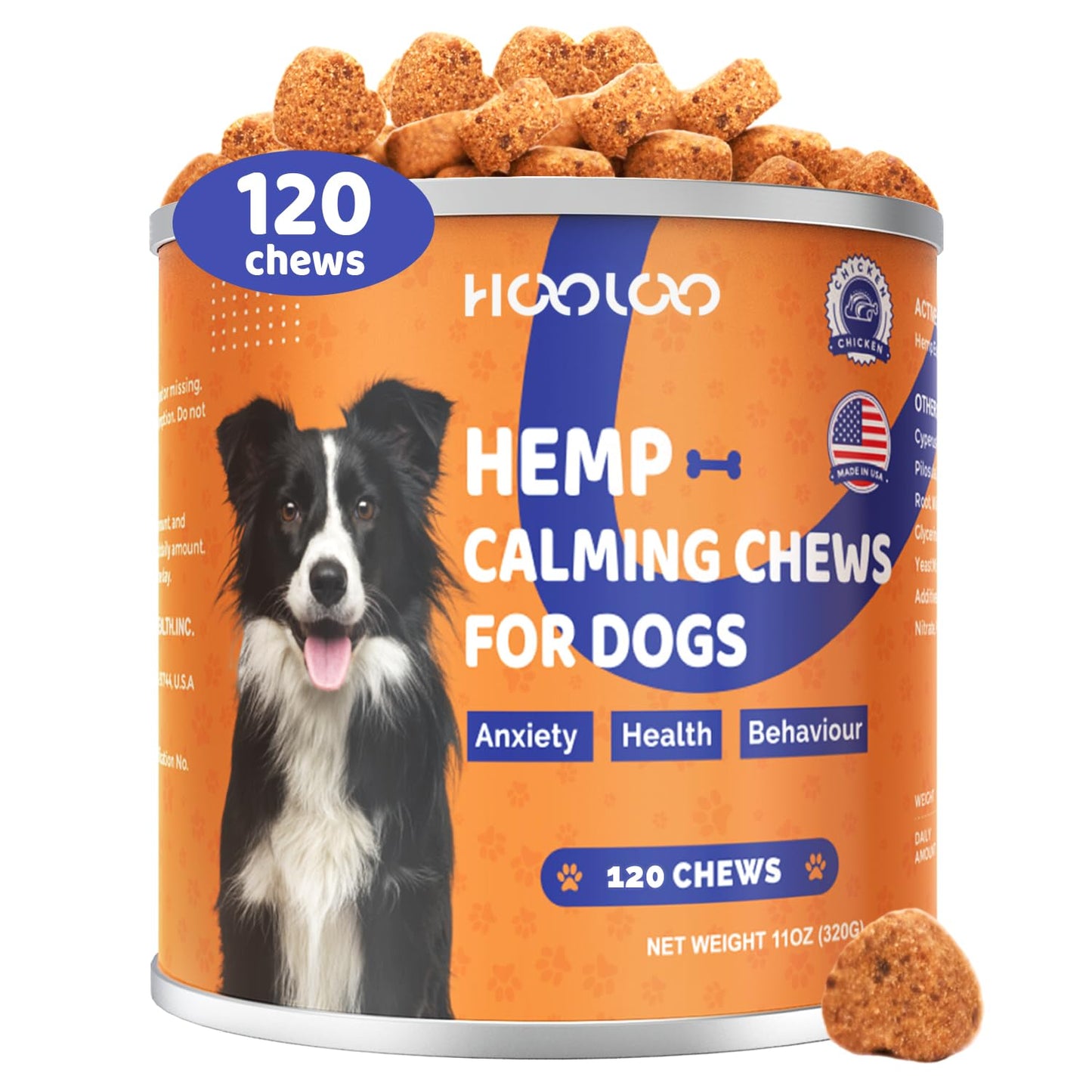 HOOLOO Calming Chews for Dog Anxiety Relief-Natural Puppy Calming Treats Help Manage Stress and Promote Relaxation,Made in USA-120 Chews