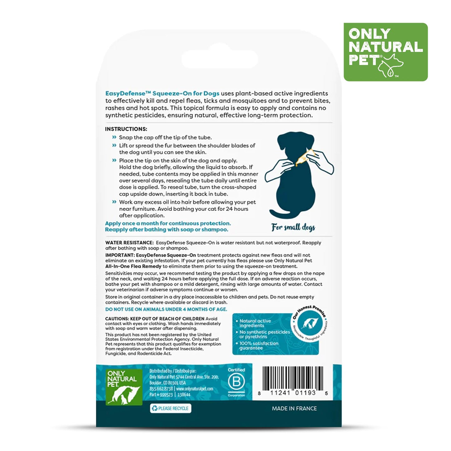 Only Natural Pet EasyDefense Flea & Tick Prevention for Small Breed Dogs (up to 15 lbs) - Natural Herbal Control, Squeeze-On Drops - Protects up to 3 Months (S Sqz.)
