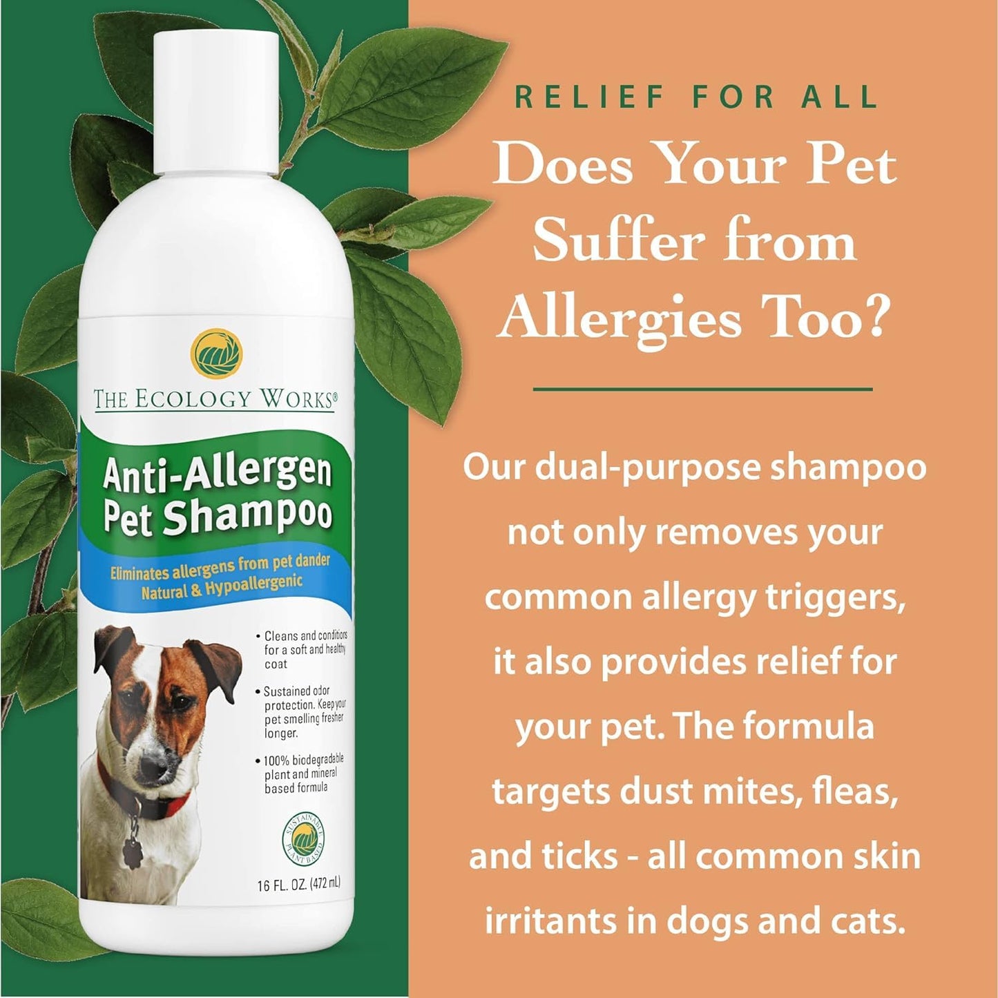 Anti-Allergen Pet Shampoo -Dog & Cat Dander Remover. Gentle Formula for Dry Sensitive Skin; Allergy Relief, The Ecology Works (16 Oz)