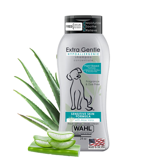 Wahl USA Extra Gentle Hypoallergenic Dog Shampoo – Plant Based for Sensitive Skin - pH Balanced, Alcohol Free, Paraben Free, PEG-80 Free Formula - Fragrance and Dye Free, 24 Oz – Model 3025811