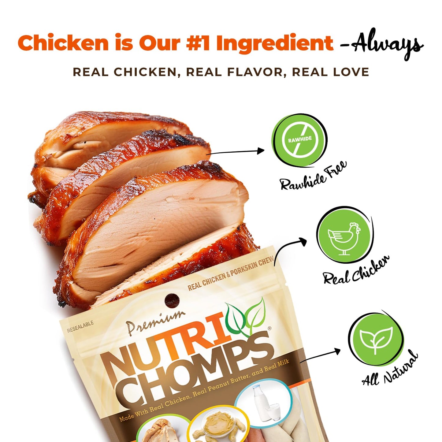 NutriChomps Dog Chews, 6-inch Braids, Easy to Digest, Rawhide-Free Dog Treats, Healthy, Real Chicken, Peanut Butter and Milk flavors, Pack of 4