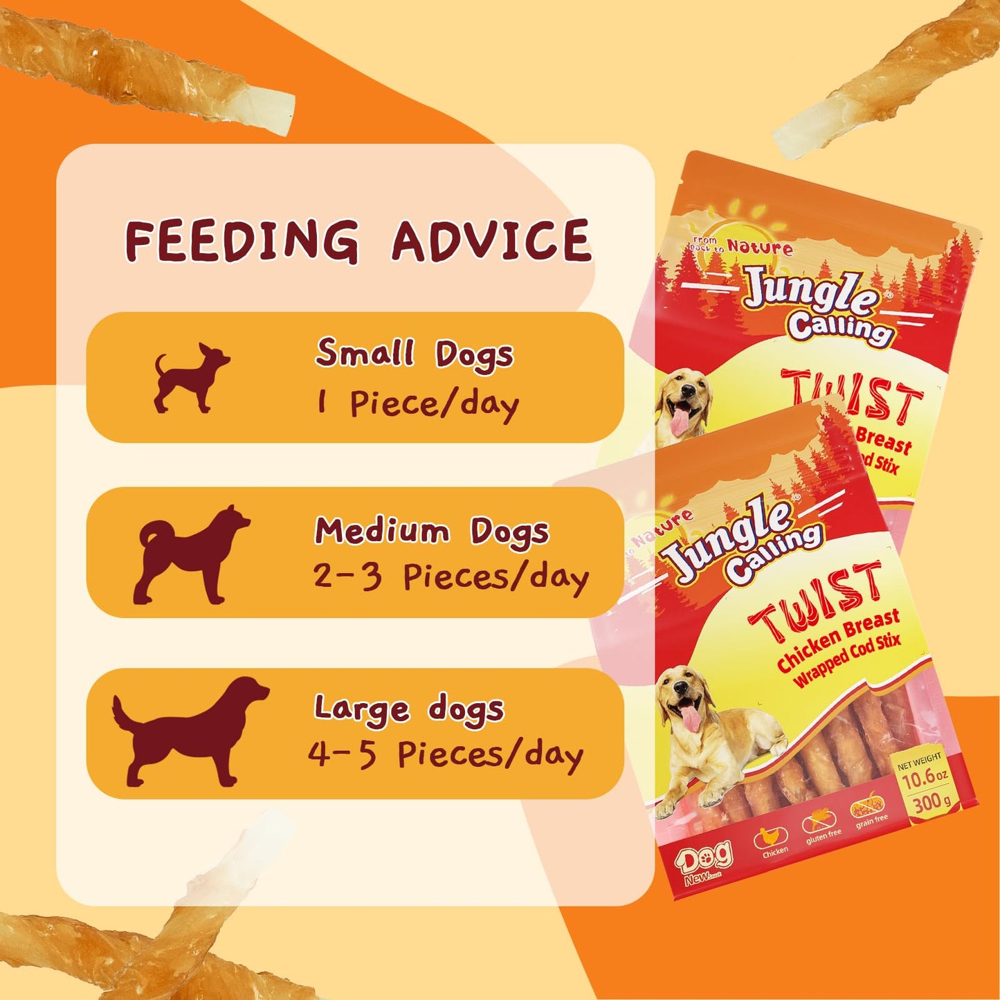 Jungle Calling Rawhide Free Treats for Dogs, Chicken Wrapped Cod Sticks Dog Treats, Soft Chewy Snacks for Training Rewards, 10.6 oz (Chicken)