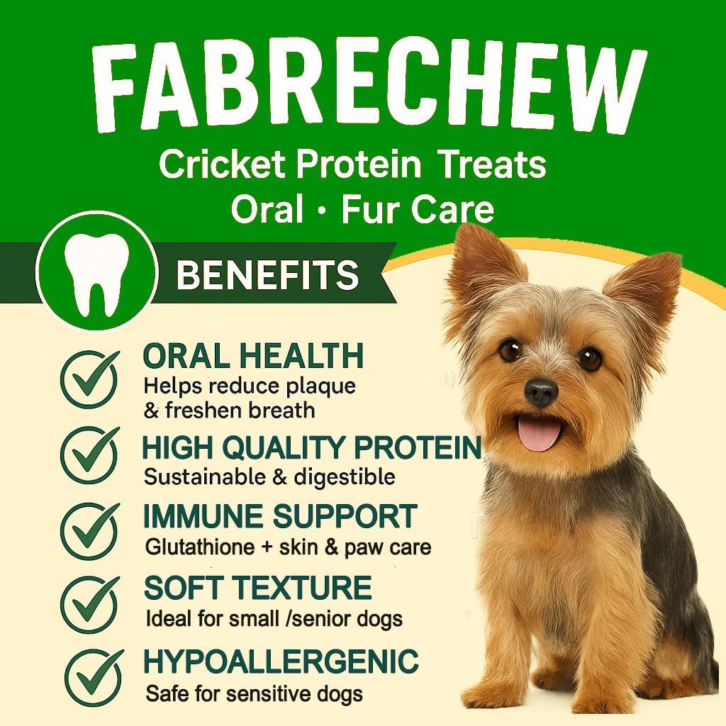 Fabrechew Cricket Protein Dog Treats – High-Protein Soft Dental Chews for Oral Health, Fresh Breath & Shiny Coat, Hypoallergenic, No Meat, Sensitive Dogs, Sustainable, (14 Pcs)
