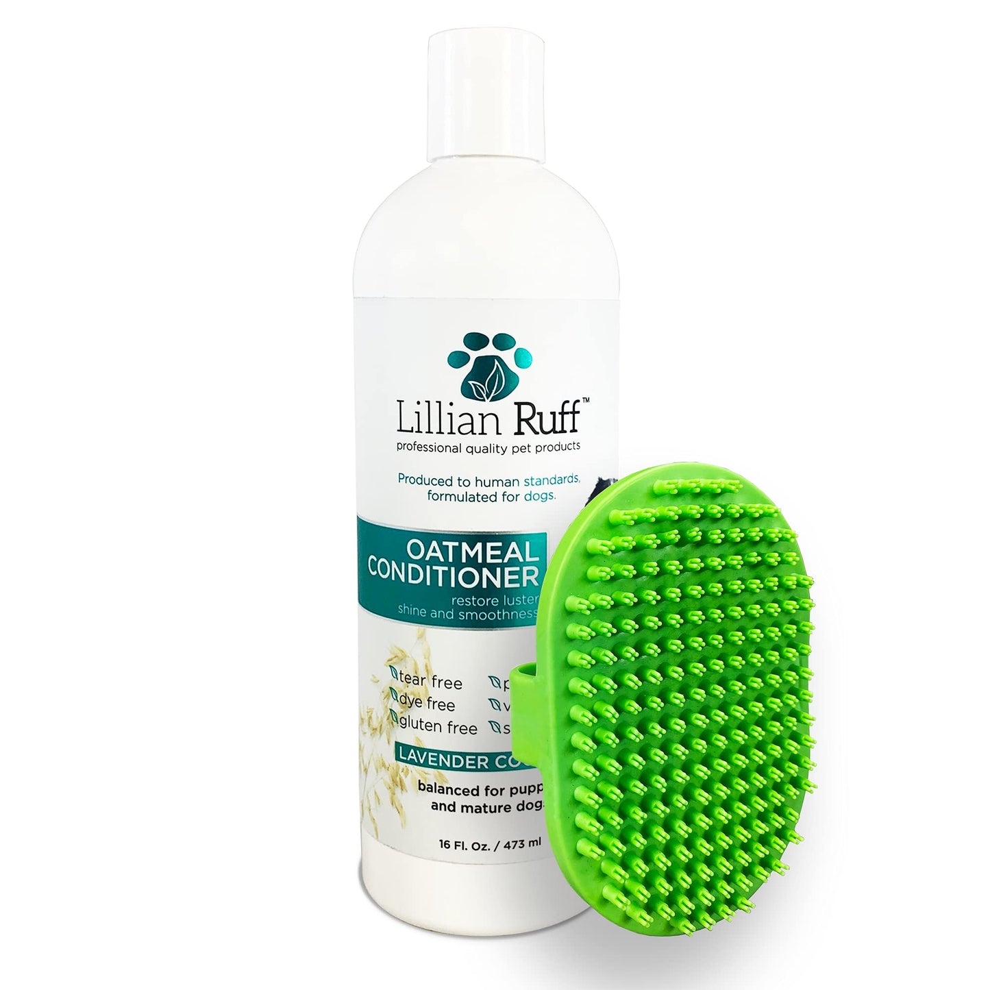 Lillian Ruff PRO Formula Oatmeal Dog Conditioner - Nourishing & Calming Relief for Allergies & Sensitive Skin - Detangles, Softens & Adds Shine with Oatmeal, Coconut Oil & Lavender - USA (16oz+Brush)