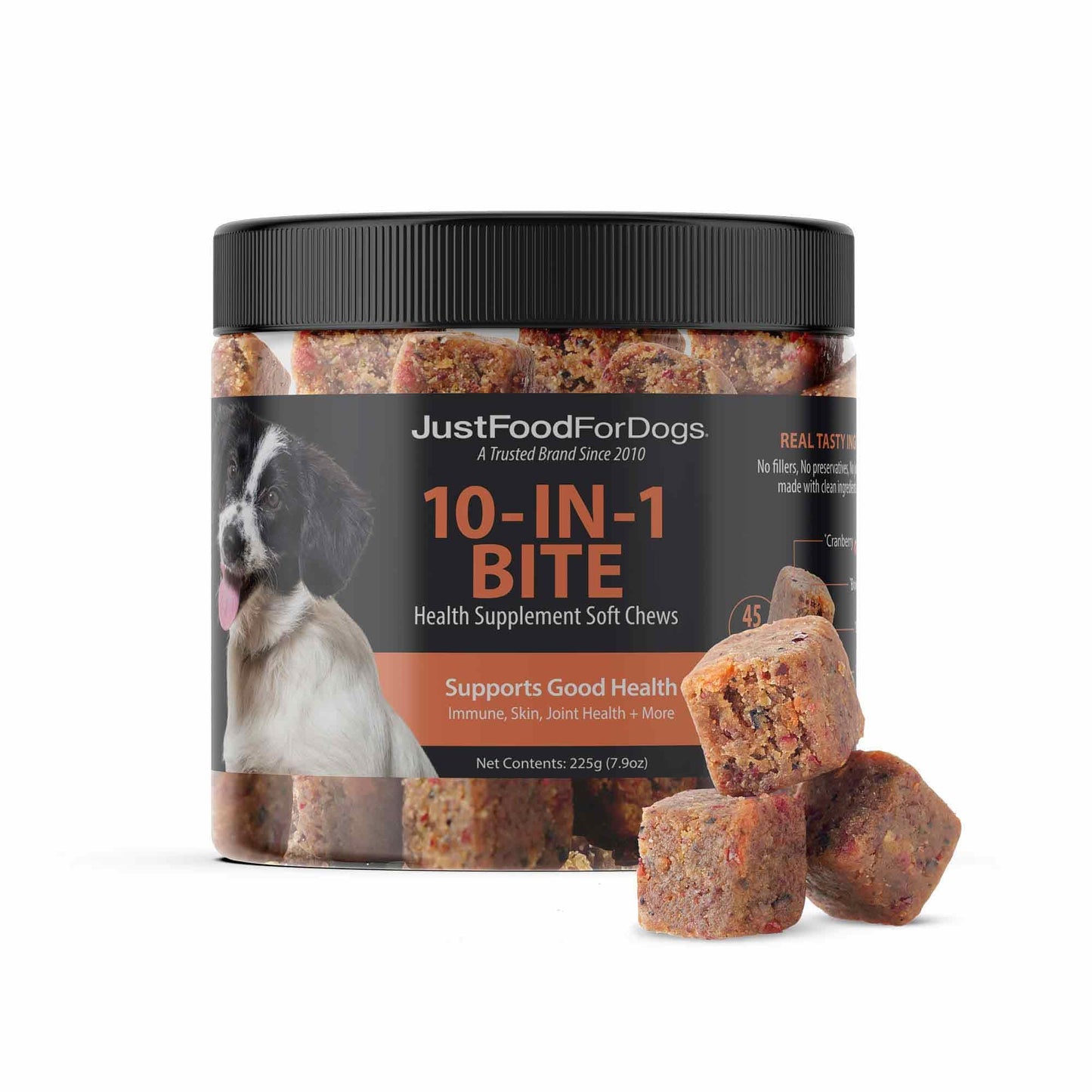 JustFoodForDogs 10-in-1 Multifunctional Supplement Chews for Dogs, Superfood Blend, Glucosamine, Omega-3 Fatty Acids, Skin Health, Joint Health, Probiotics, Plant-Based, Human Grade - 45 Count