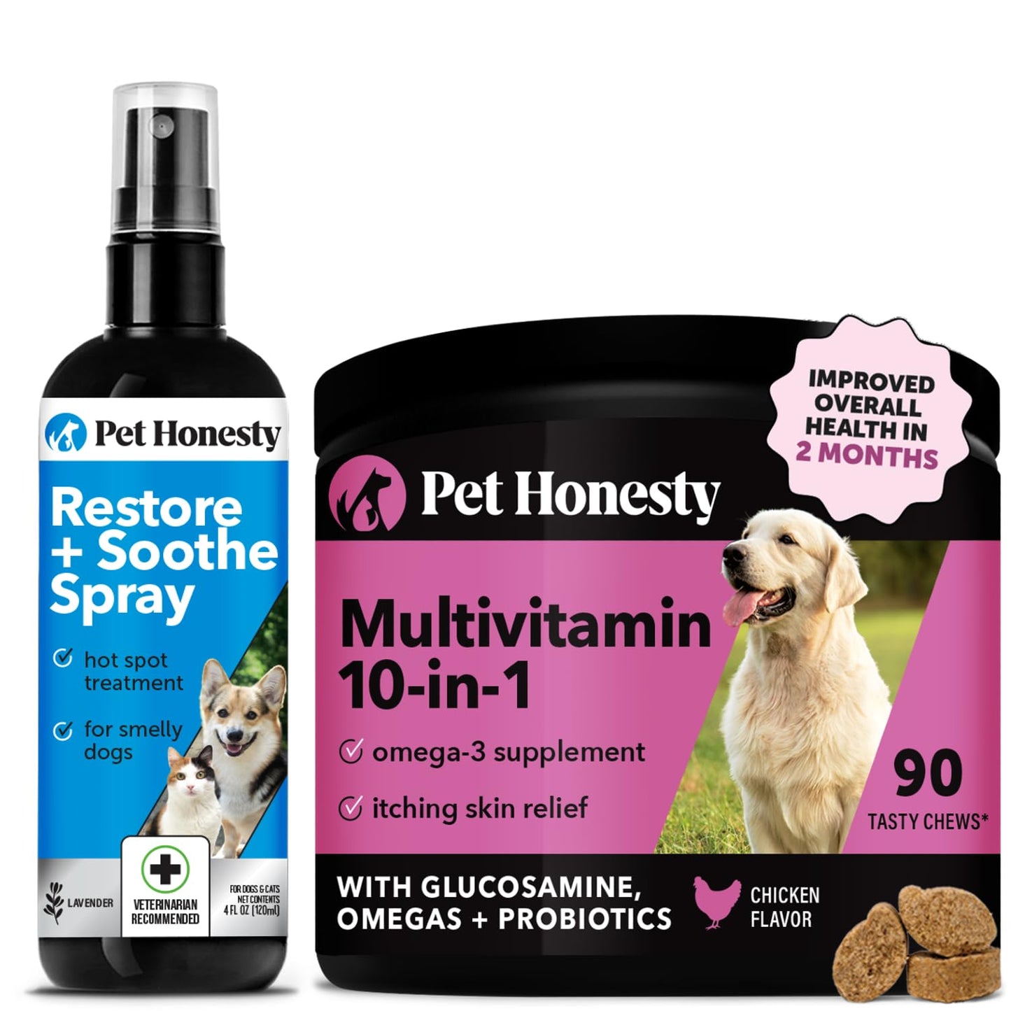 Restore + Soothe Hot Spots Spray for Dogs & Cats (Lavender) 4oz + Multivitamin Dog Supplement with Glucosamine, Probiotics, Omega Fish Oil for Skin and Coat Allergies (Chicken 90 ct)