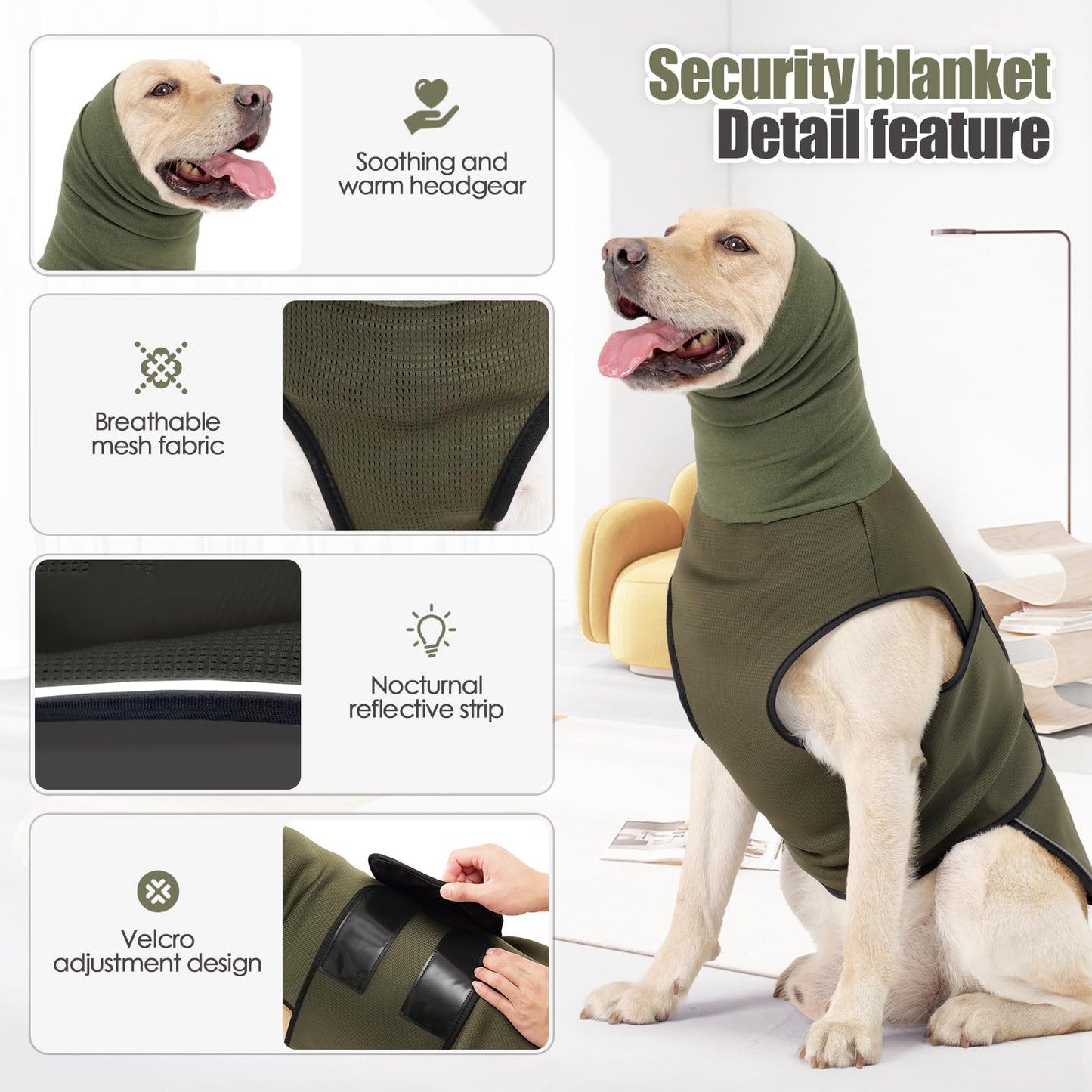 Dog Anxiety Vest,Pet Calming Hoodie Breathable Dog Anti-Anxiety Jacket for Thunder Fireworks and Separation,Green L