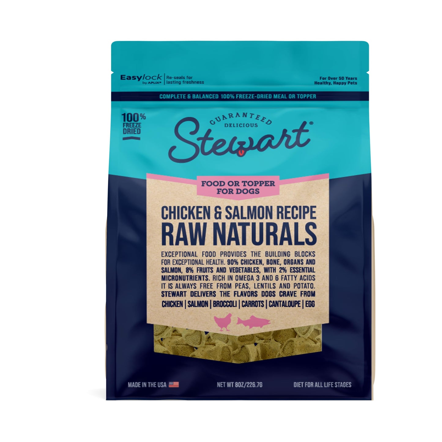 Stewart Raw Naturals Freeze Dried Raw Dog Food or Meal Topper, Chicken and Salmon Recipe, 8 Ounce Bag, Complete and Balanced Nutrition