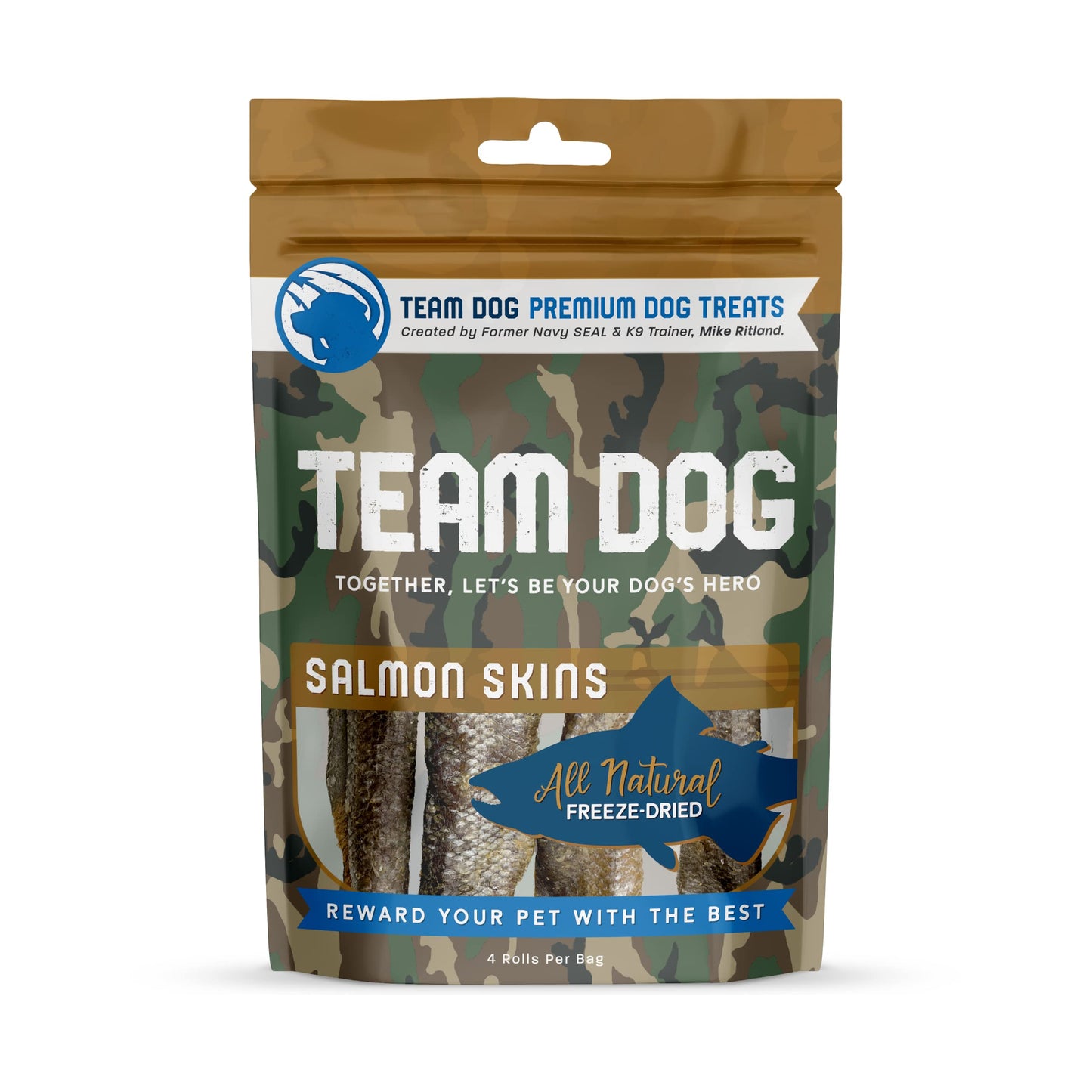 Team Dog Wild Alaskan Salmon Skin Treats for Dogs | Gluten Free, Grain Free, Single Ingredient | Freeze-Dried Raw Dog Treats Rich in Omega 3 | Promotes Healthy Skin & Coat | 4 Dog Chews per Bag