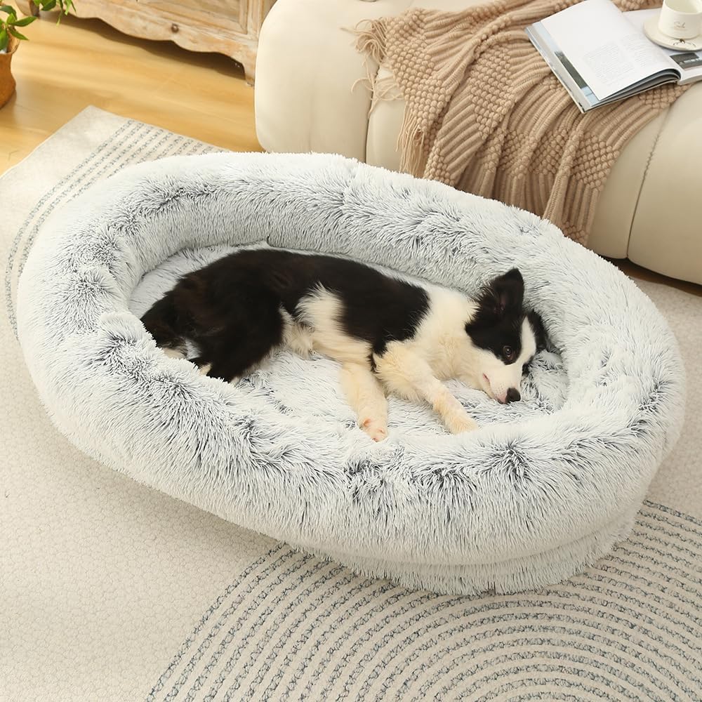 Ultra Soft Calming Faux Fur Dog Bed with Memory Foam Bolster and Egg Crate Foam Base (35.4 x 25.6 x 7.9)