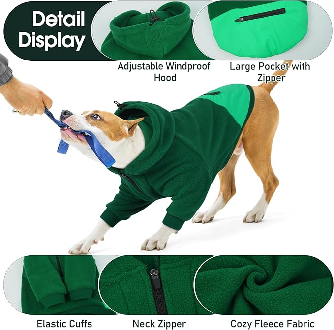 Nanaki Dog Hoodies for Large Dogs Sweatshirt with Pocket-Warm Fleece, Long sleeves adjustable zip collar-Comfort Pet Sweater for Labrador, Large Sweatshirt Winter Coat for Fall Winter Spring Green 2XL