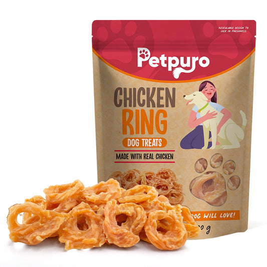 PETPURO Chicken Rings Dog Treats, Real Chicken Jerky Rawhide-Free Soft Chews, Natural High Protein Limited Ingredient Training Snacks for Small Medium Large Dogs, 10.6oz