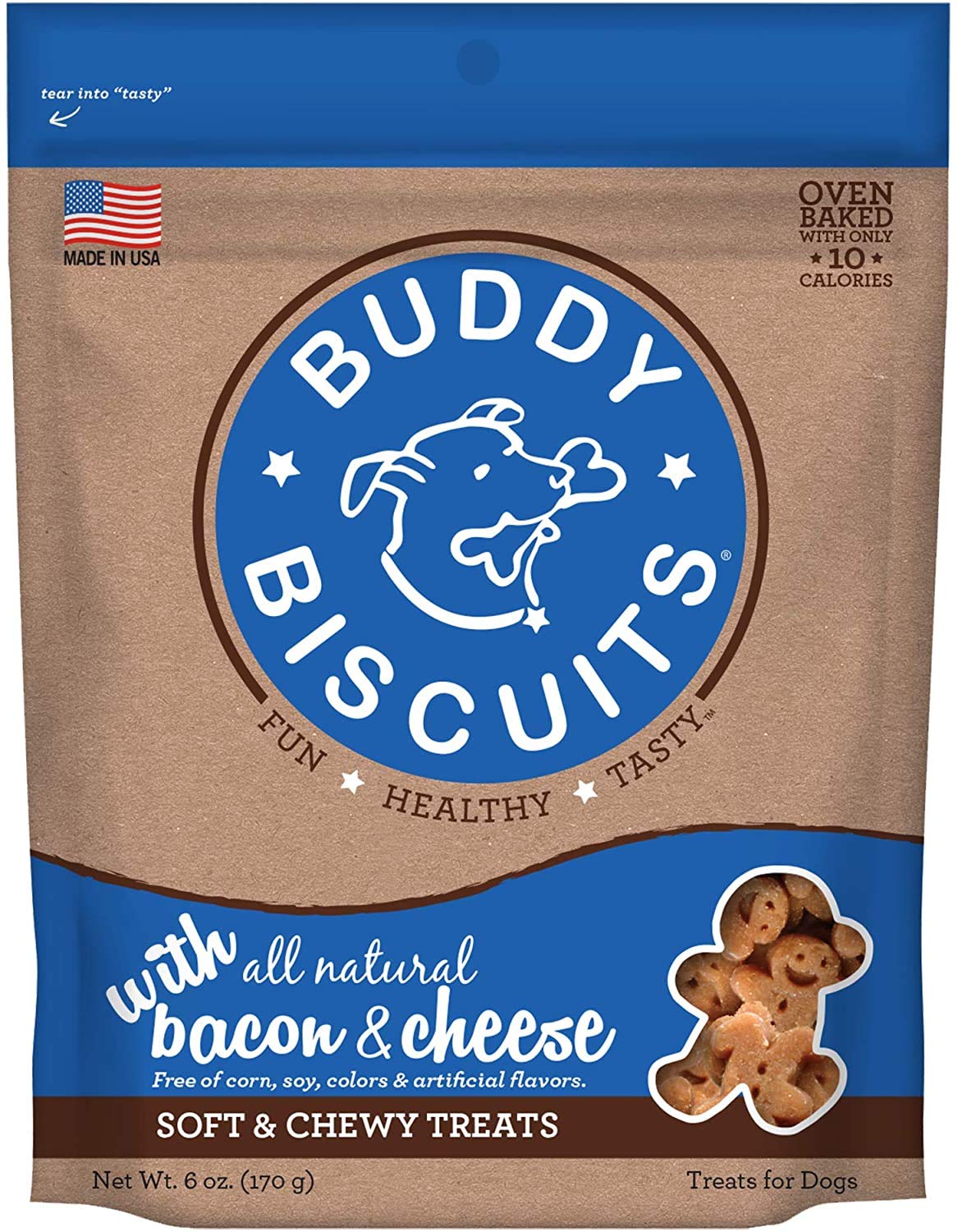 Pet Faves Buddy Biscuits Soft & Chewy Treats for Small & Large Dogs, Grilled Beef, Roasted Chicken, Bacon & Cheese Peanut Butter with 10ct Wipes (2 Grain Free 5oz, 2 Healthy Whole Grain 6oz)