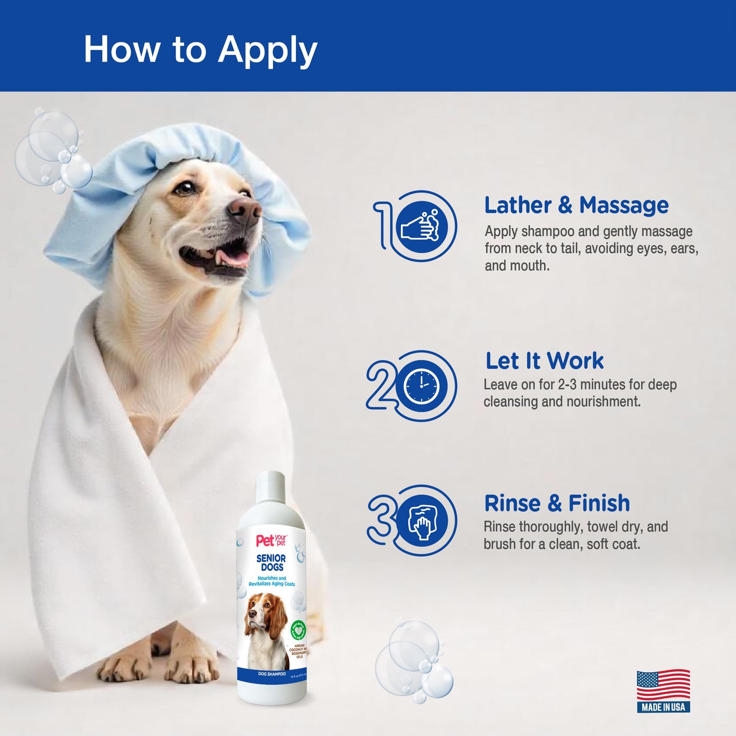 Pet Your Pet Natural Shampoo for Senior Dogs – Nourishes and Revitalizes Aging Coats with Argan and Coconut Oil for Dry and Sensitive Skin – Hydrating & Soothing Grooming Formula - 16 oz