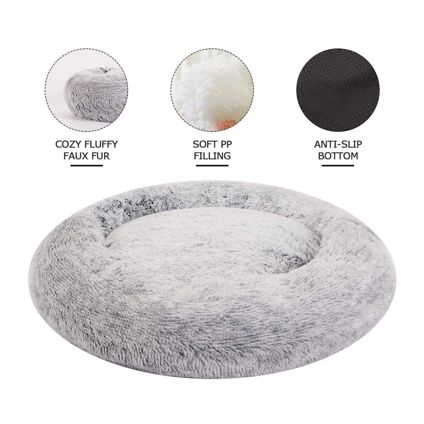 Bedfolks Calming Donut Dog Bed, 36 Inches Round Fluffy for Large Dogs, Anti-Anxiety Plush, Machine Washable (Dark Grey, Large)