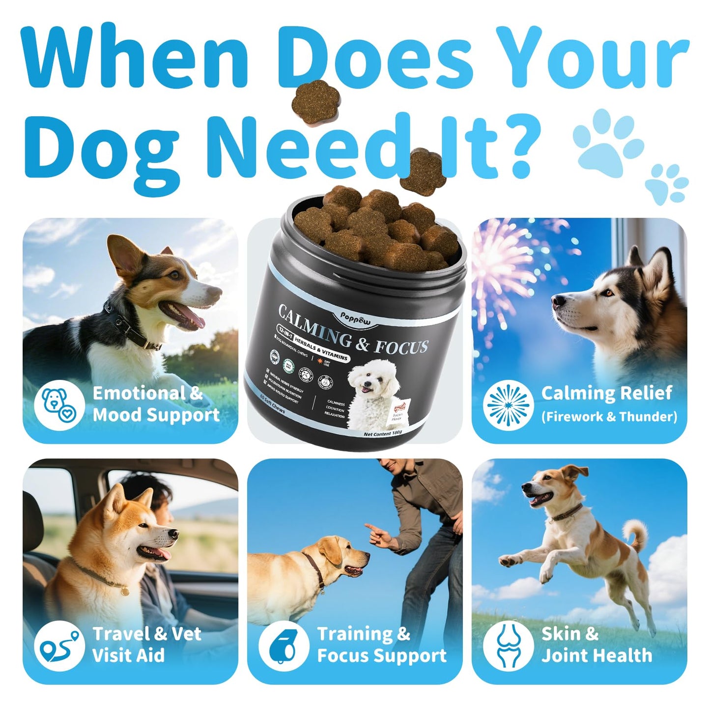POPPAW Calming Chews for Dogs – Calming Treats for Anxiety, Stress, Separation, Travel&Thunder, Relaxation & Focus Support with L-Theanine, Valerian Root, Chamomile & Ashwagandha, Bacon Flavor, 60Ct