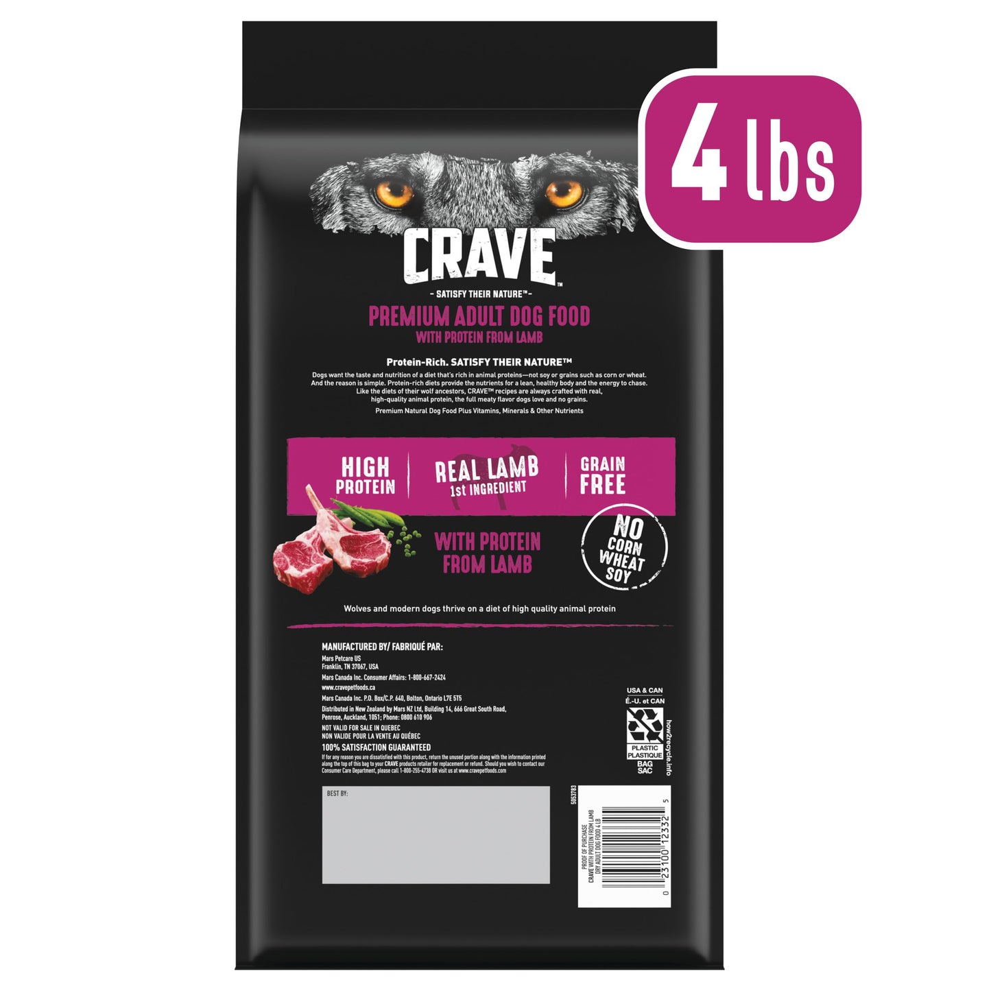 CRAVE Grain Free High Protein Adult Dry Dog Food with Lamb, 4 lb. Bag
