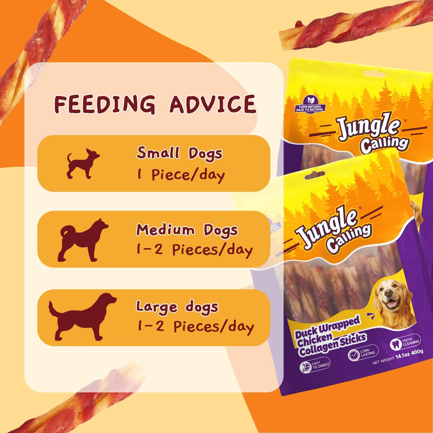 Jungle Calling Dog Treats, Duck Wrapped Chicken Collagen Sticks for Small Medium Dogs, Digestible Rawhide Alternative Dog Chews, Dental Bones for Teeth Cleaning, Like Bully Sticks, Less Smell, 14.1oz