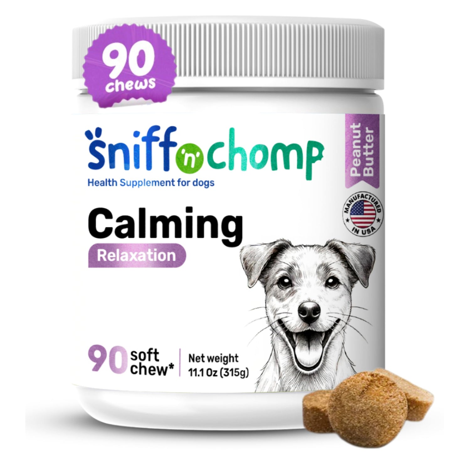 Sniff 'n' Chomp Calm Chews for Dogs Anxiety, Natural Anxiety and Stress Relief, Dog Fireworks Relief, Melatonin for Dog Sleep Aid, Calming Chews for Dogs, Peanut Butter Flavor, 90 Units.